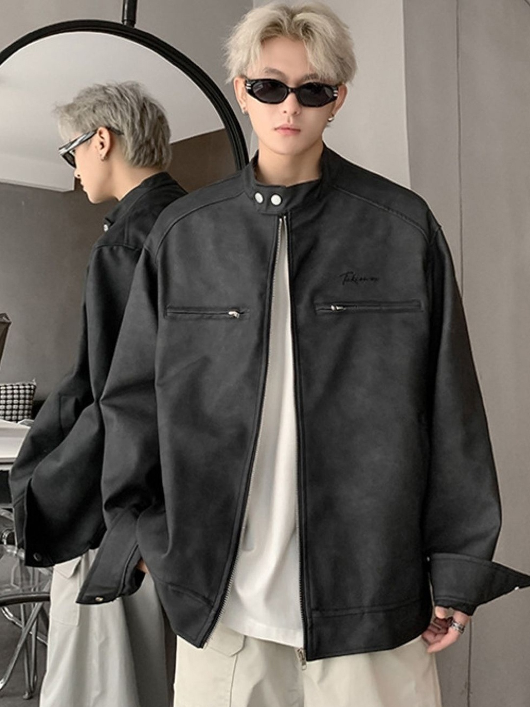 

HERE&NOW Men Mandarin Collar Solid Leather Casual Leather Jacket, Grey