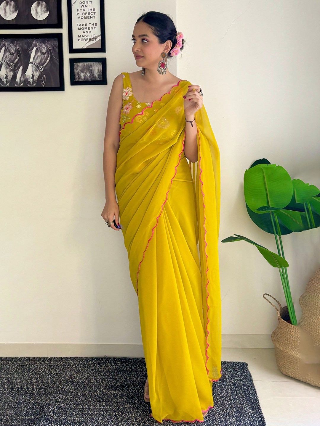 

SHOBHA SAREES Embroidered Pure Georgette Saree, Mustard