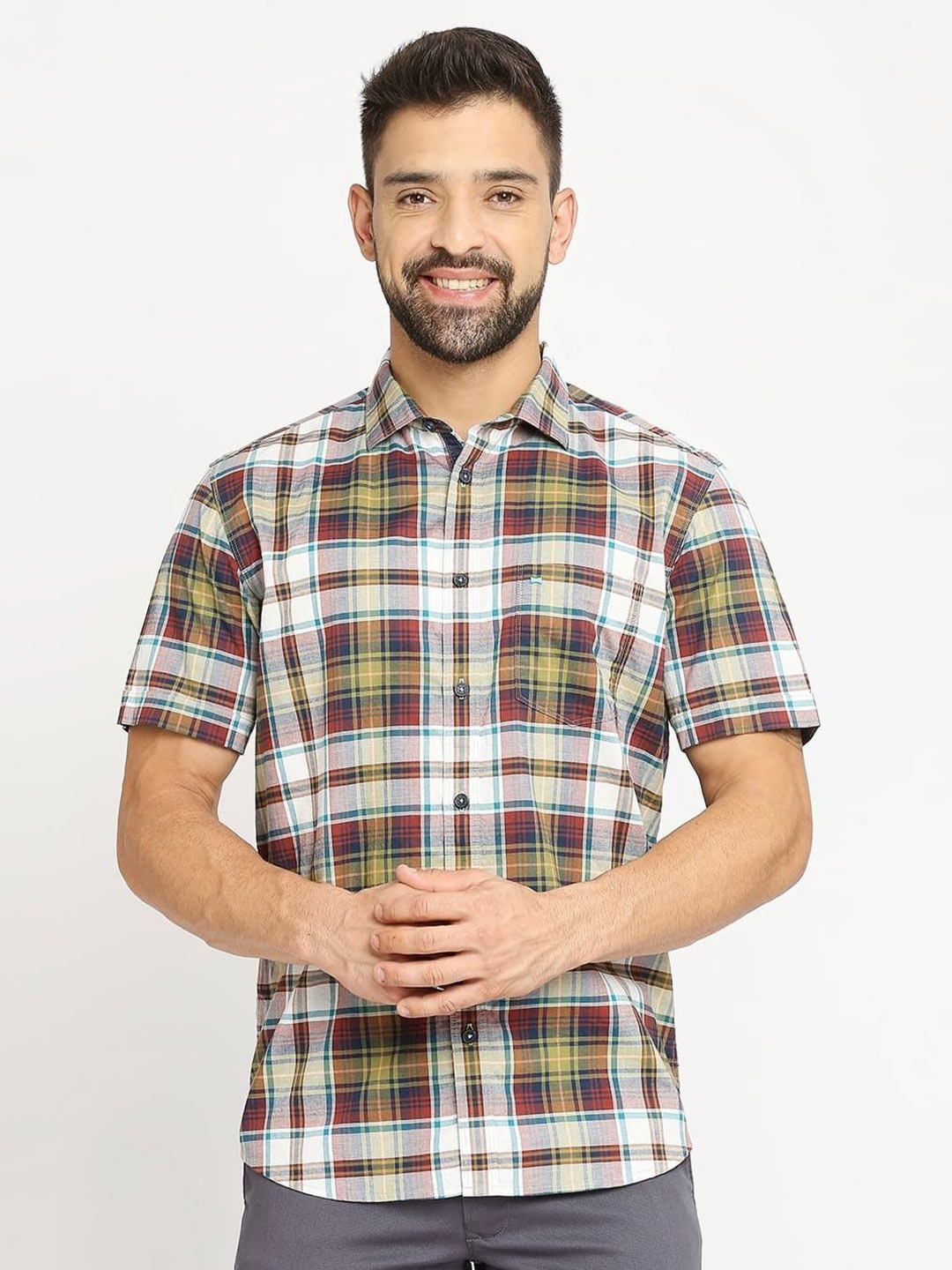

Basics Men Slim Fit Tartan Checks Opaque Cotton Casual Shirt, Green