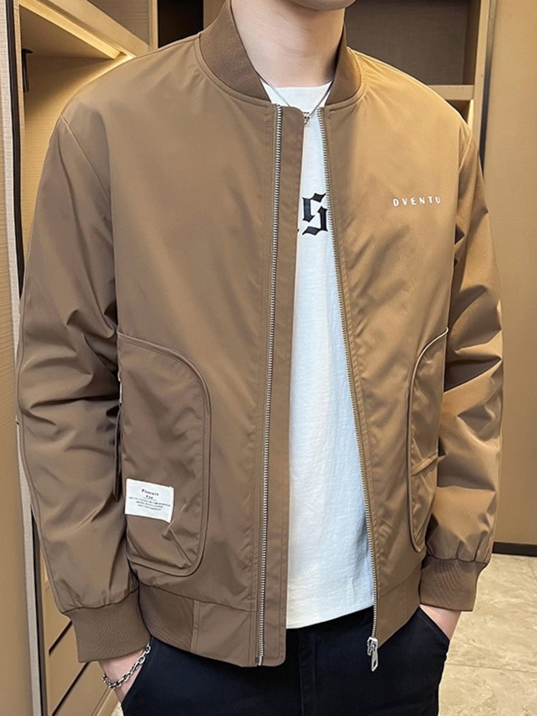 

HERE&NOW Men Stand Collar Solid Casual Bomber Jacket, Brown