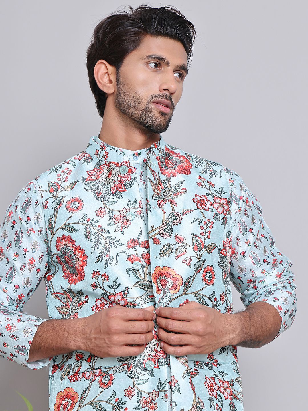 

Jompers Men Printed Nehru Jackets, Turquoise blue