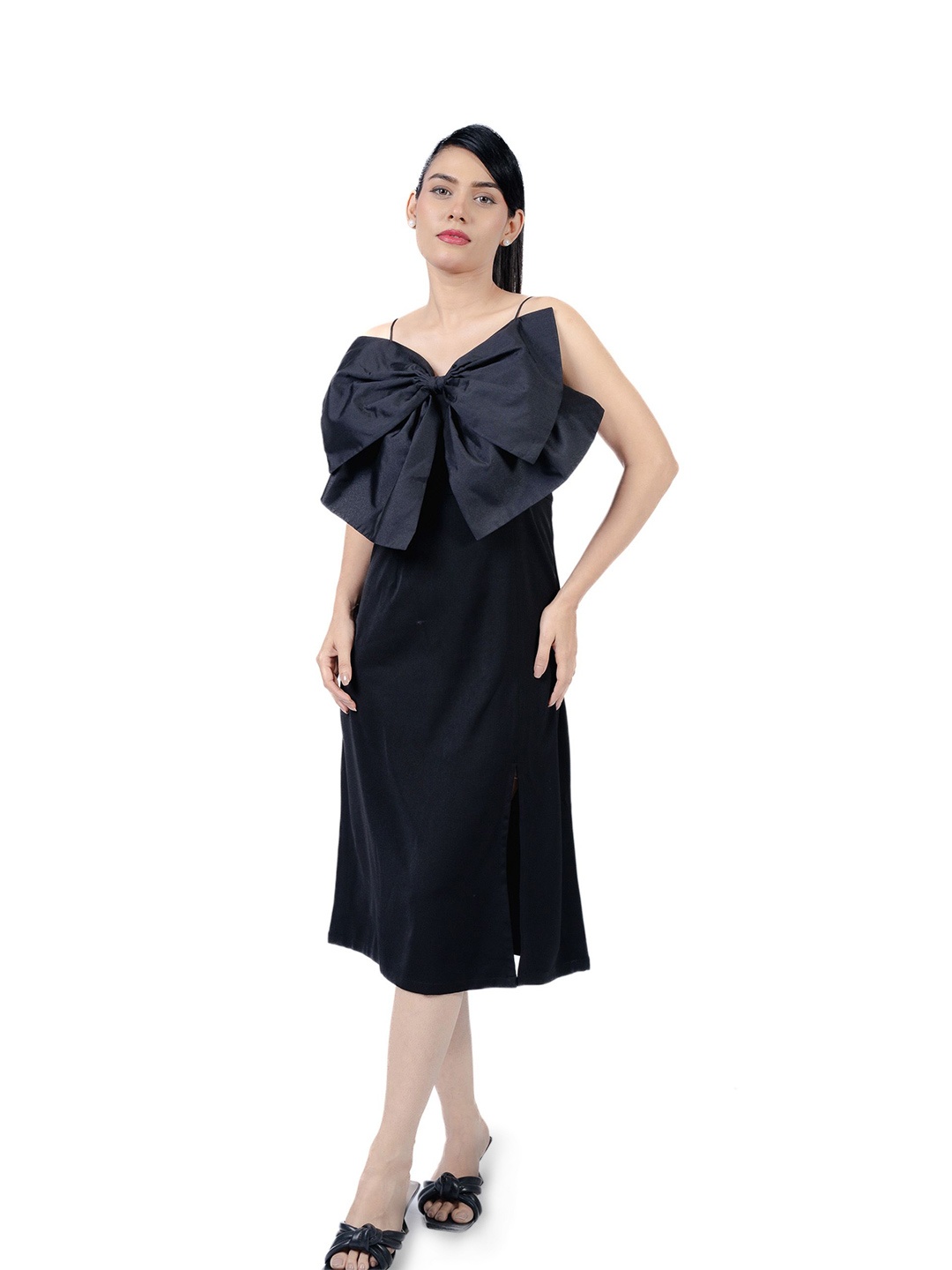 

THEFIGUREOUT Women Shoulder Straps A-Line Midi Dress, Black