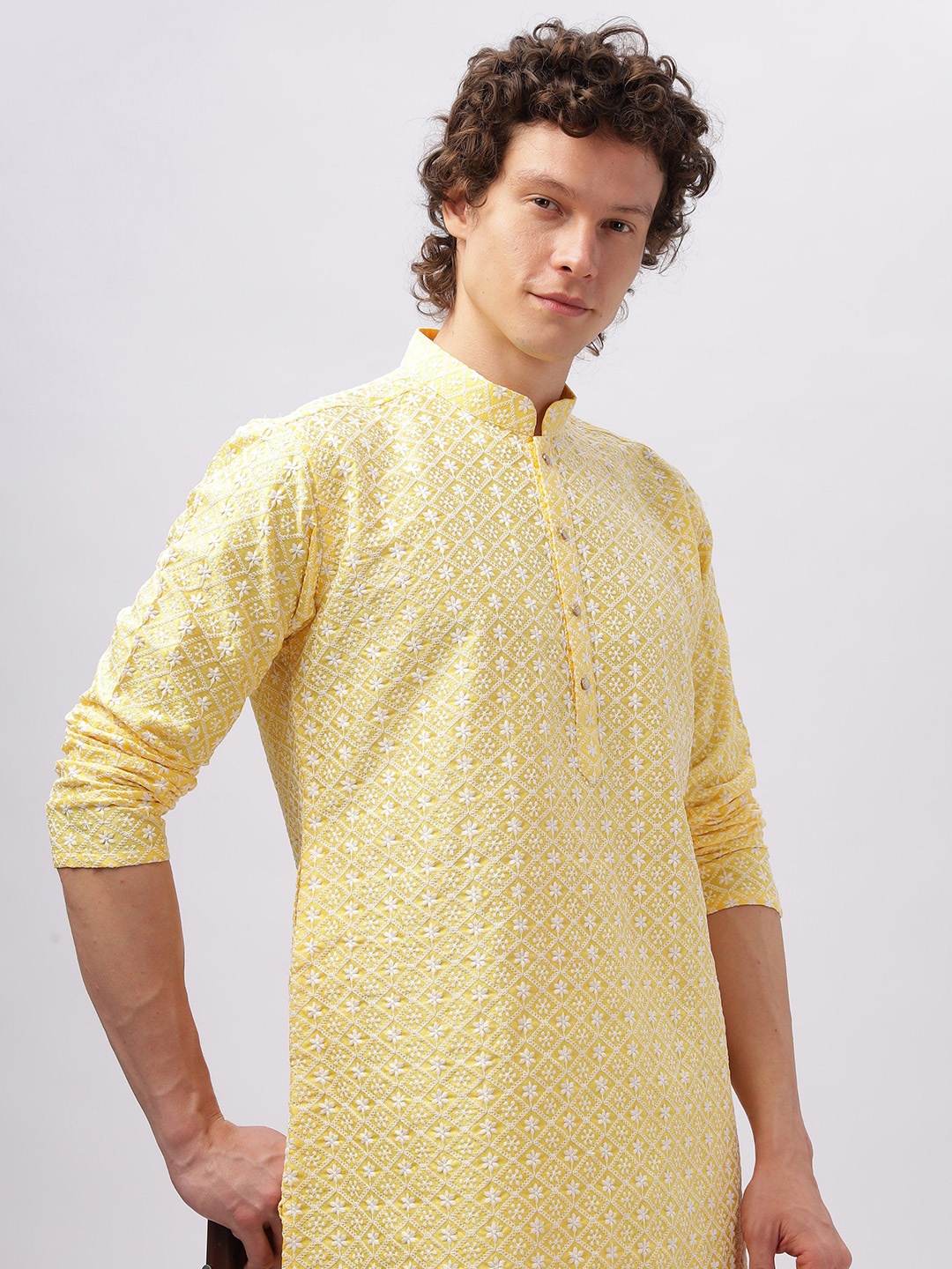 

Anouk Yellow Ethnic Motifs Embroidered Mandarin Collar Cotton Straight Kurta