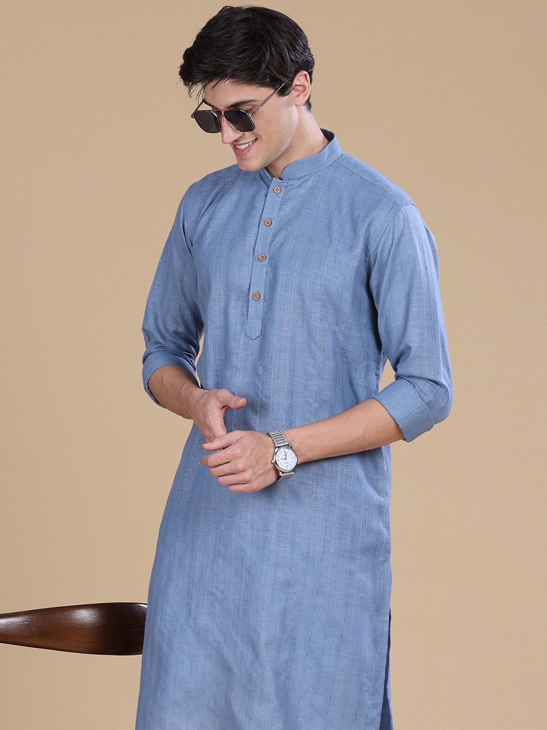 

Anouk Blue Mandarin Collar Cotton Straight Kurta