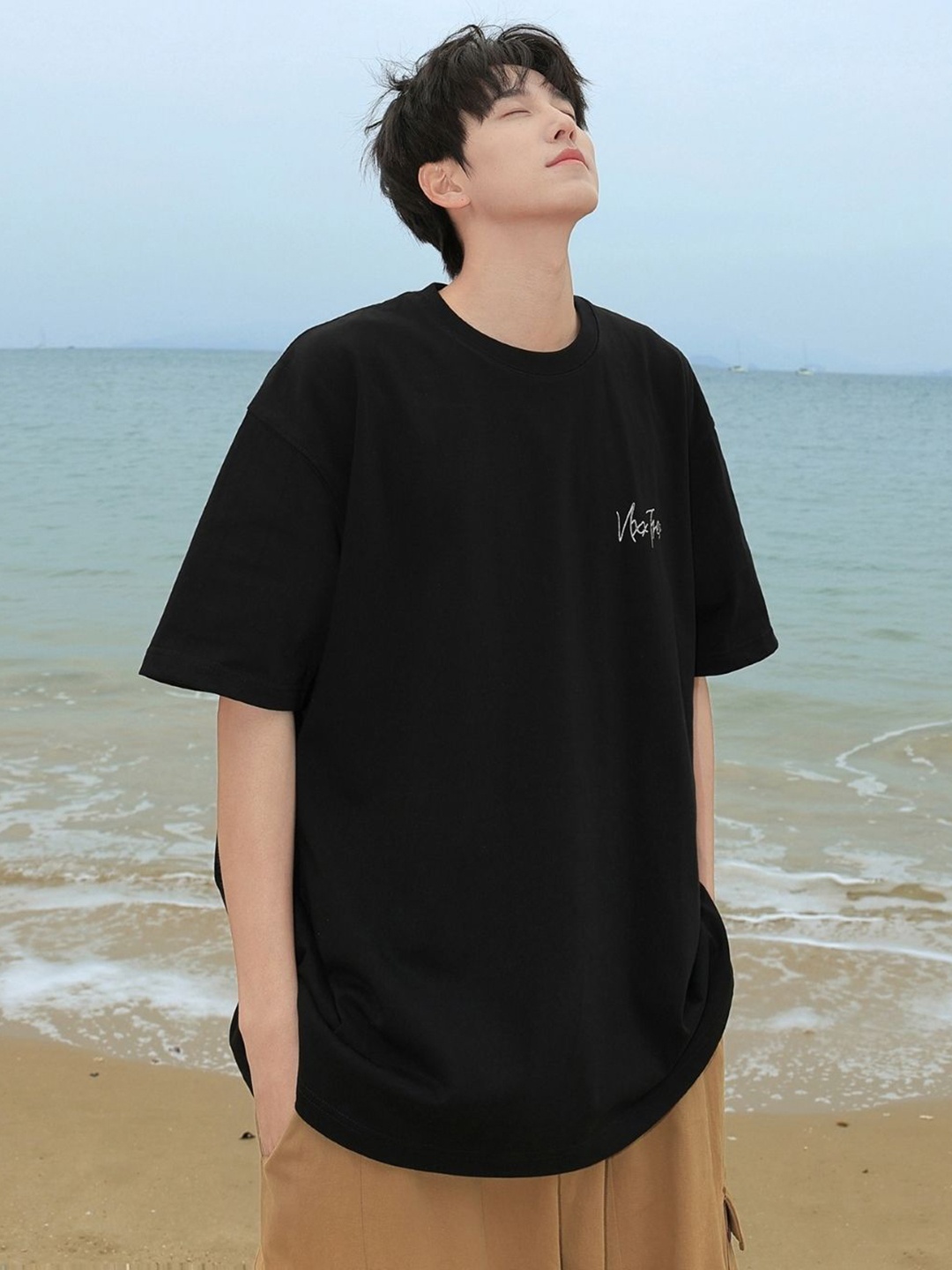 

HERE&NOW Typography Printed Round Neck Cotton Baggy T-shirt, Black