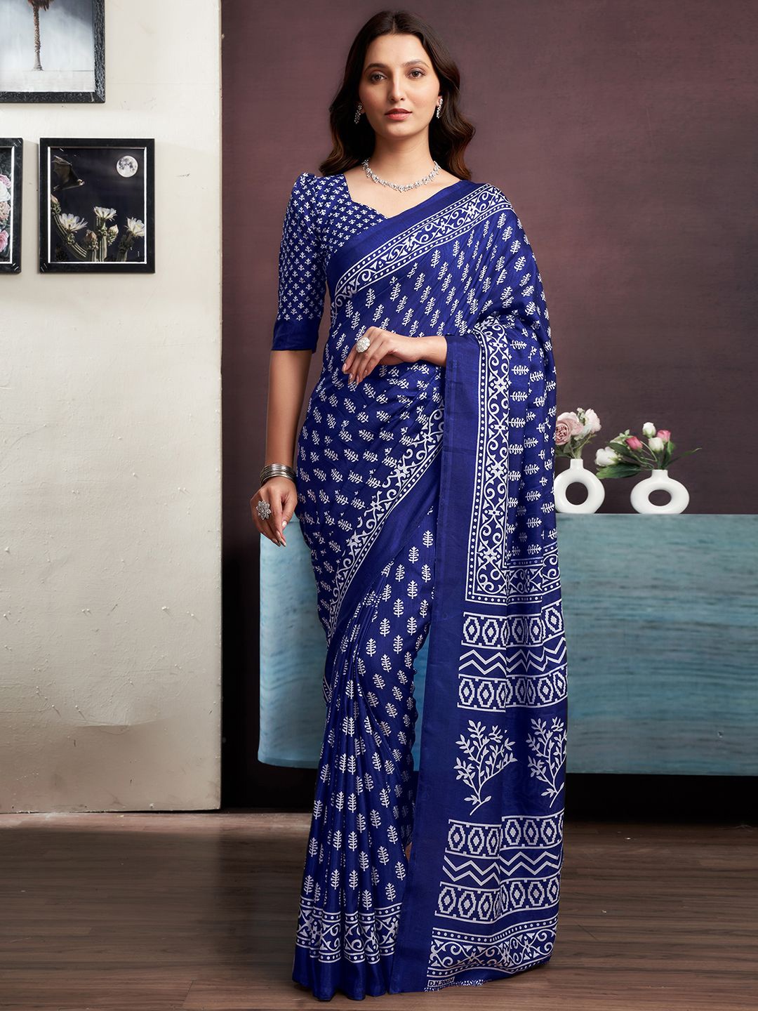 

KALINI Bagh Printed Saree with Blouse Piece, Blue