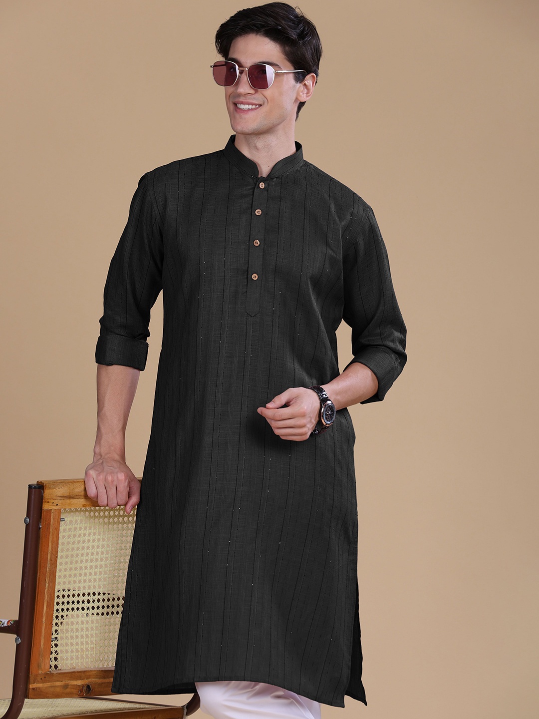 

Anouk Black Striped Mandarin Collar Cotton Straight Kurta