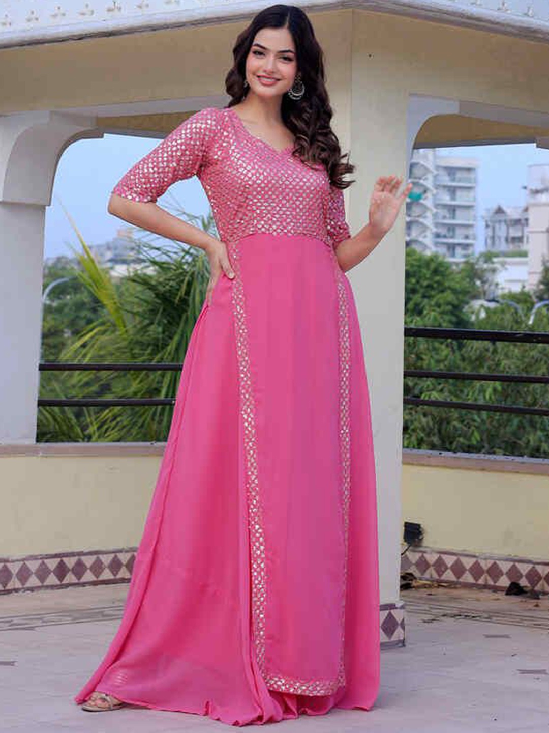 

Ethnic Yard Women Embroidered Thread Work Georgette Kurta, Pink