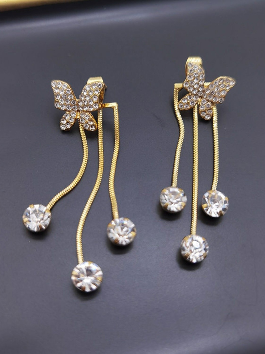 

PolluxCraft Gold-Plated Stone Studded Butterfly Shaped Tasselled Drop Earrings