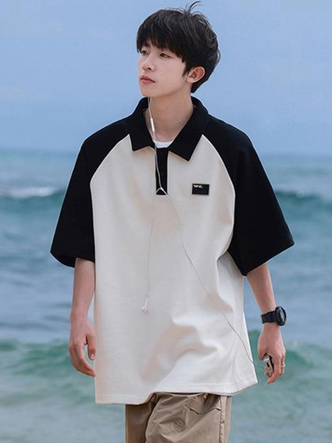 

HERE&NOW Men Colourblocked Polo Collar Oversized T-shirt, White