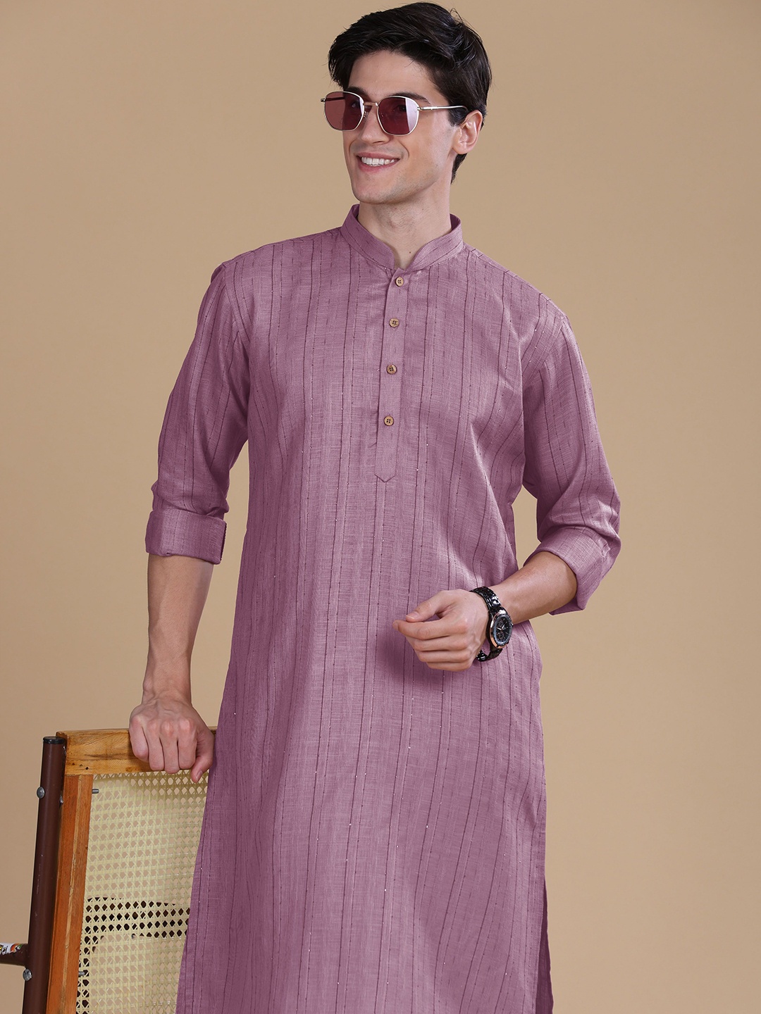 

Anouk Striped Thread Work Cotton Straight Kurta, Purple