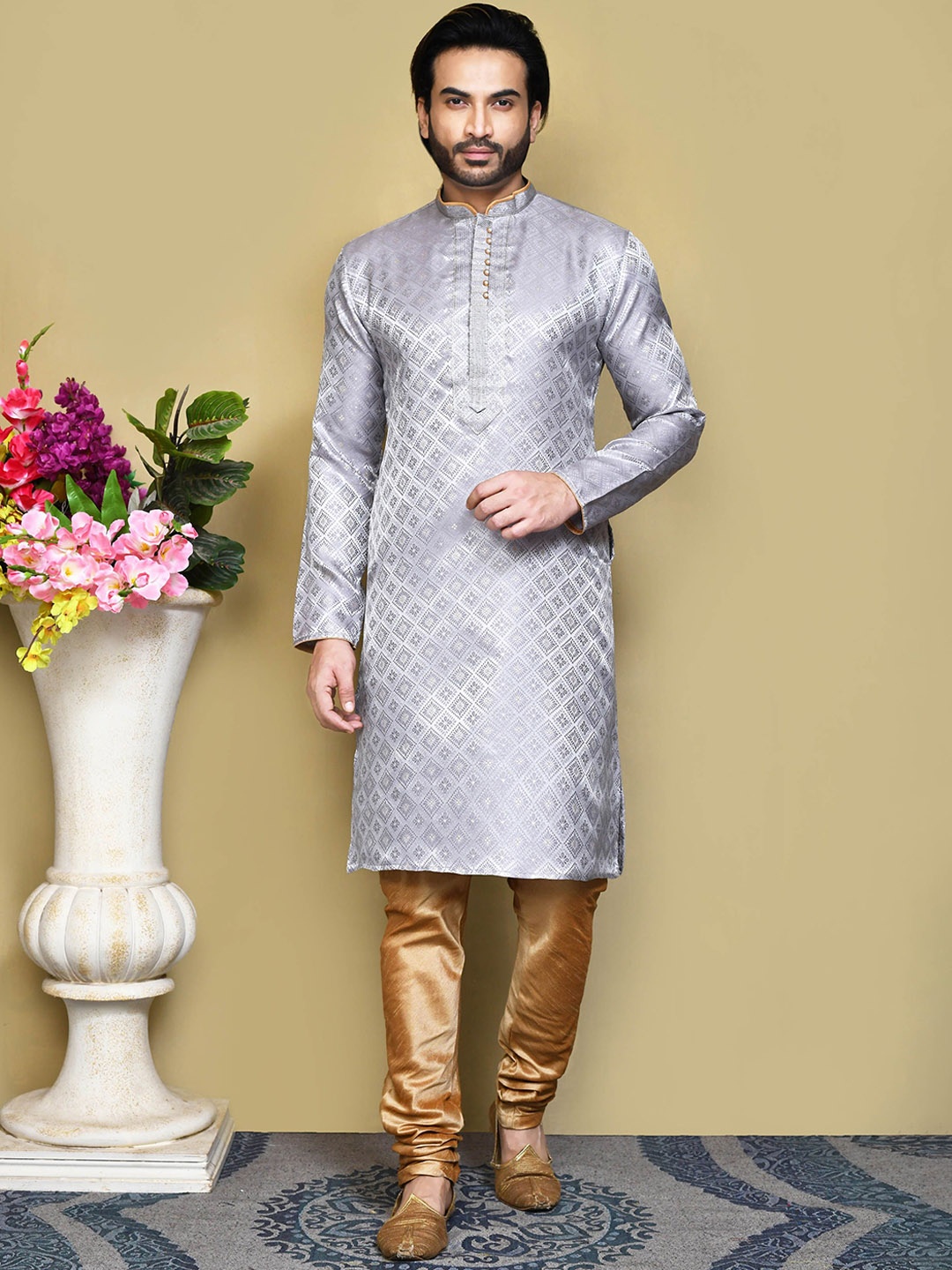 

RANAK Ethnic Motifs Mandarin Collar Kurta, Grey