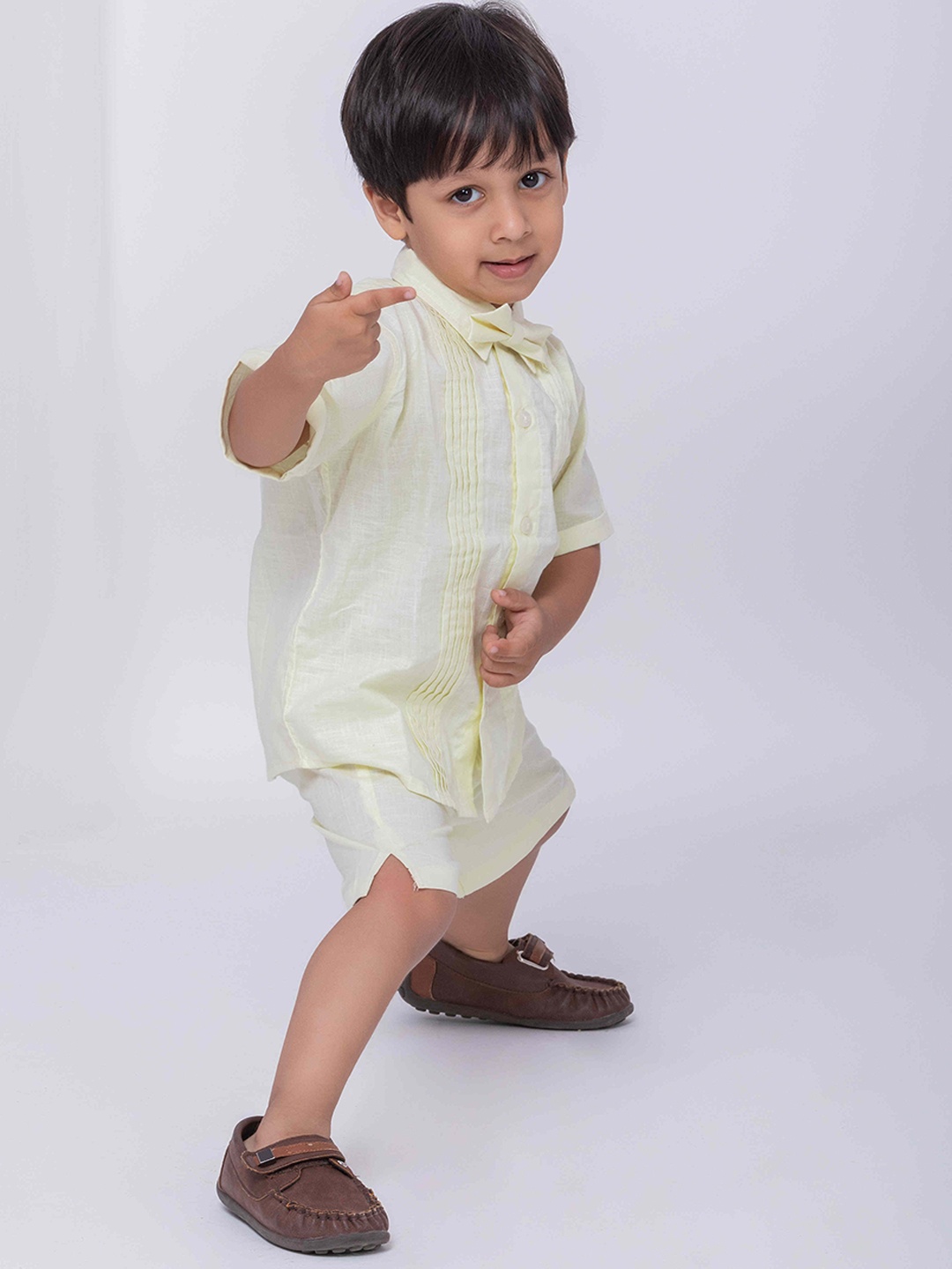 

MASU LIVING Boys Linen Shirt And Shorts With Bow-Tie, Yellow