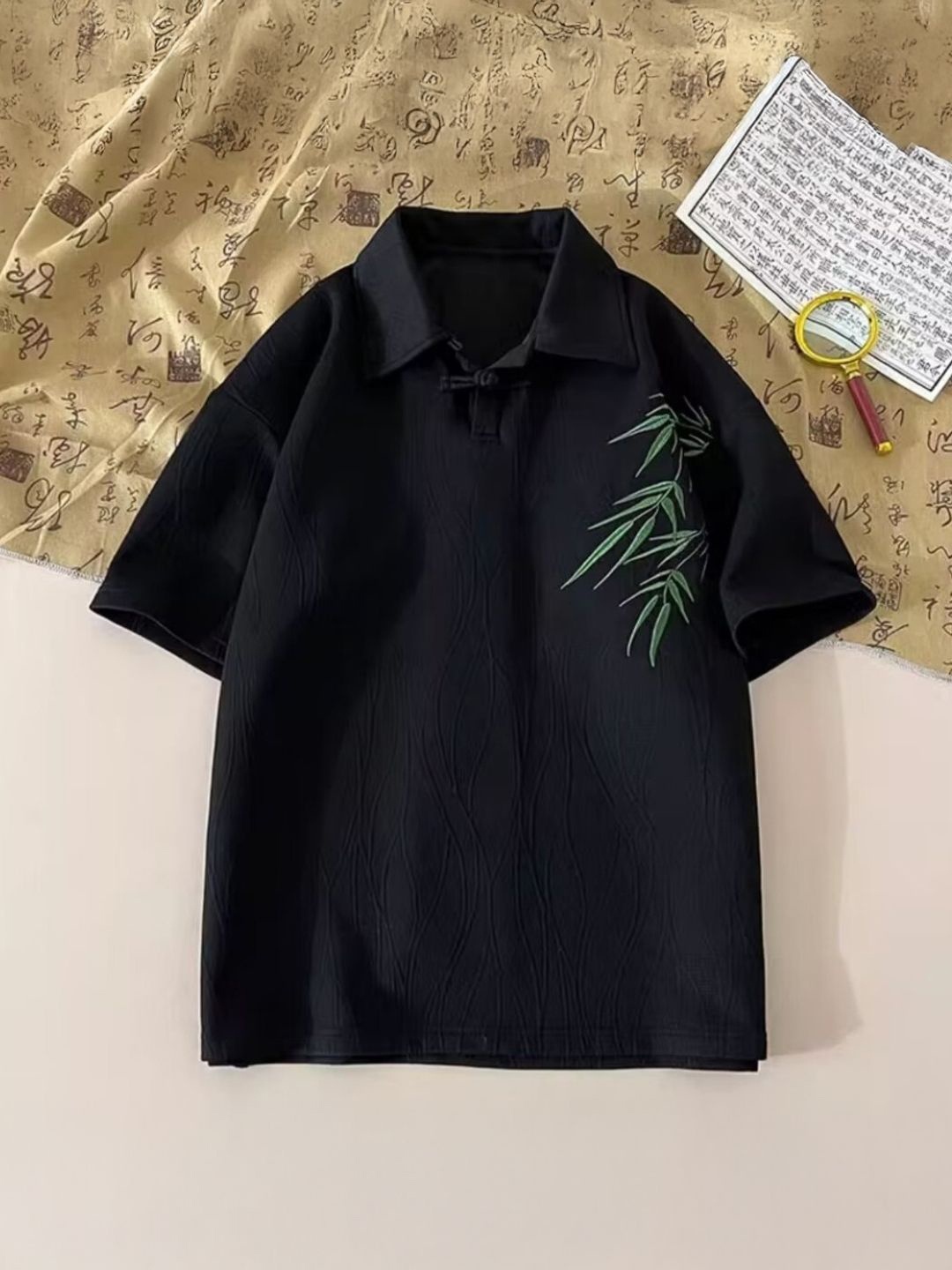 

HERE&NOW Men Floral Printed Polo Collar Oversized T-shirt, Black
