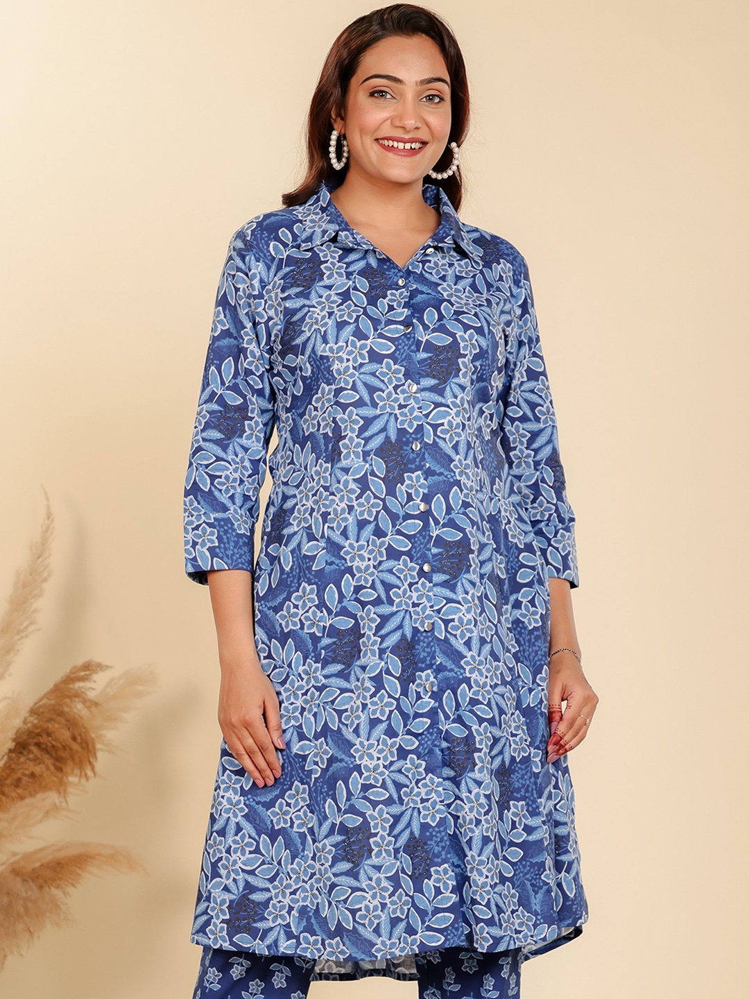 

Aramya Floral Printed Shirt Collar High-Low Soft Cotton A-Line Kurta, Blue