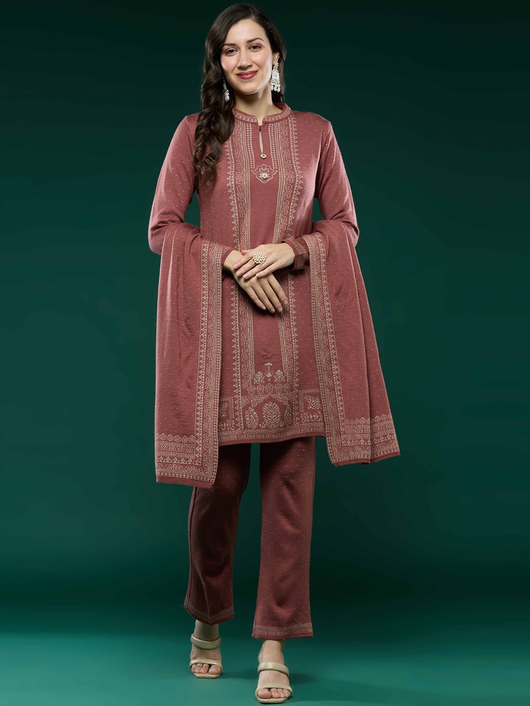 

Peachmode Floral Thread Work Pure Wool Kurti with Trouser & Dupatta, Mauve