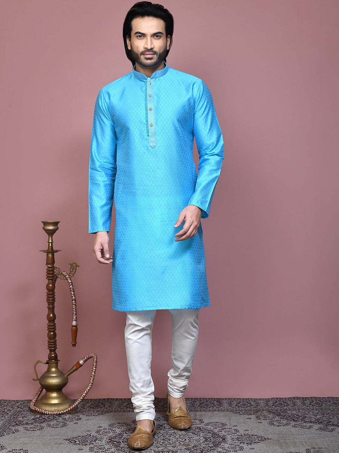 

RANAK Ethnic Motifs Thread Work Mandarin Collar Cotton Straight Kurta, Blue