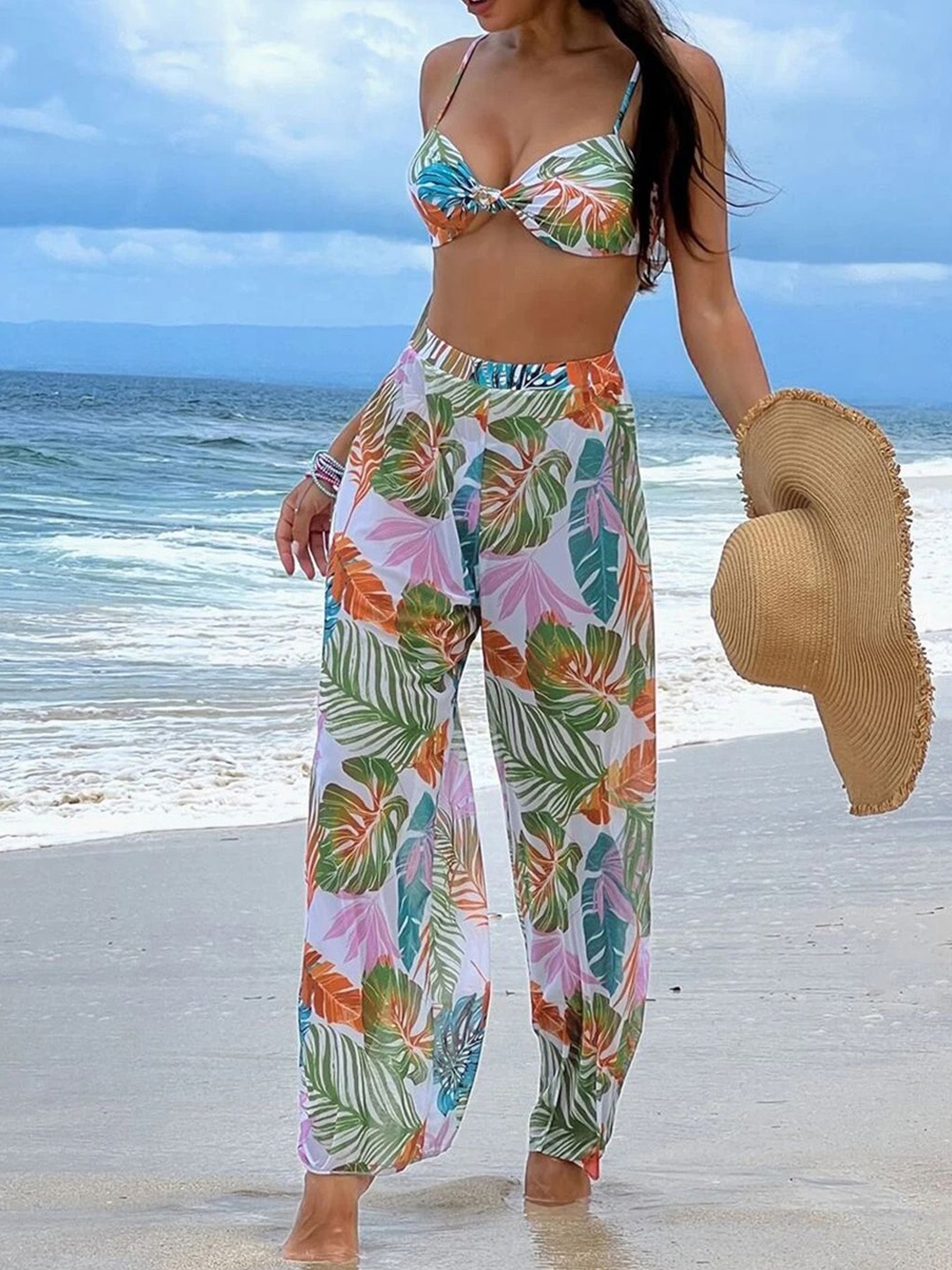 

Plus Curvves Tropical Printed Bikini Swimwear Set with Cover Up Pants, Blue