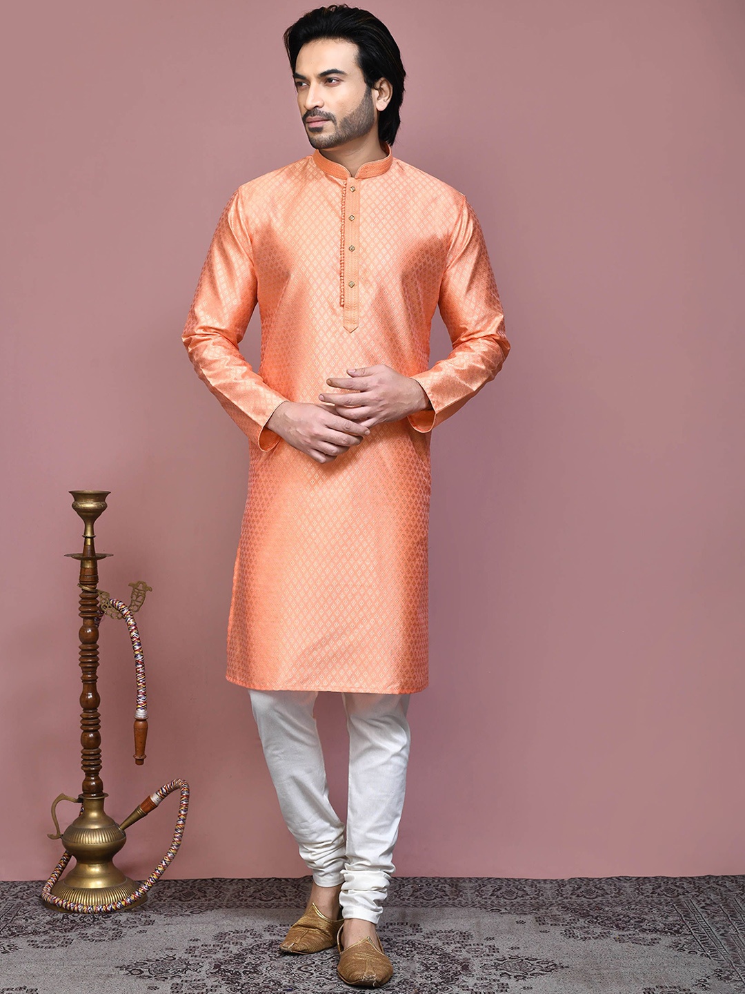 

RANAK Ethnic Motifs Mandarin Collar Cotton Straight Kurta, Rust