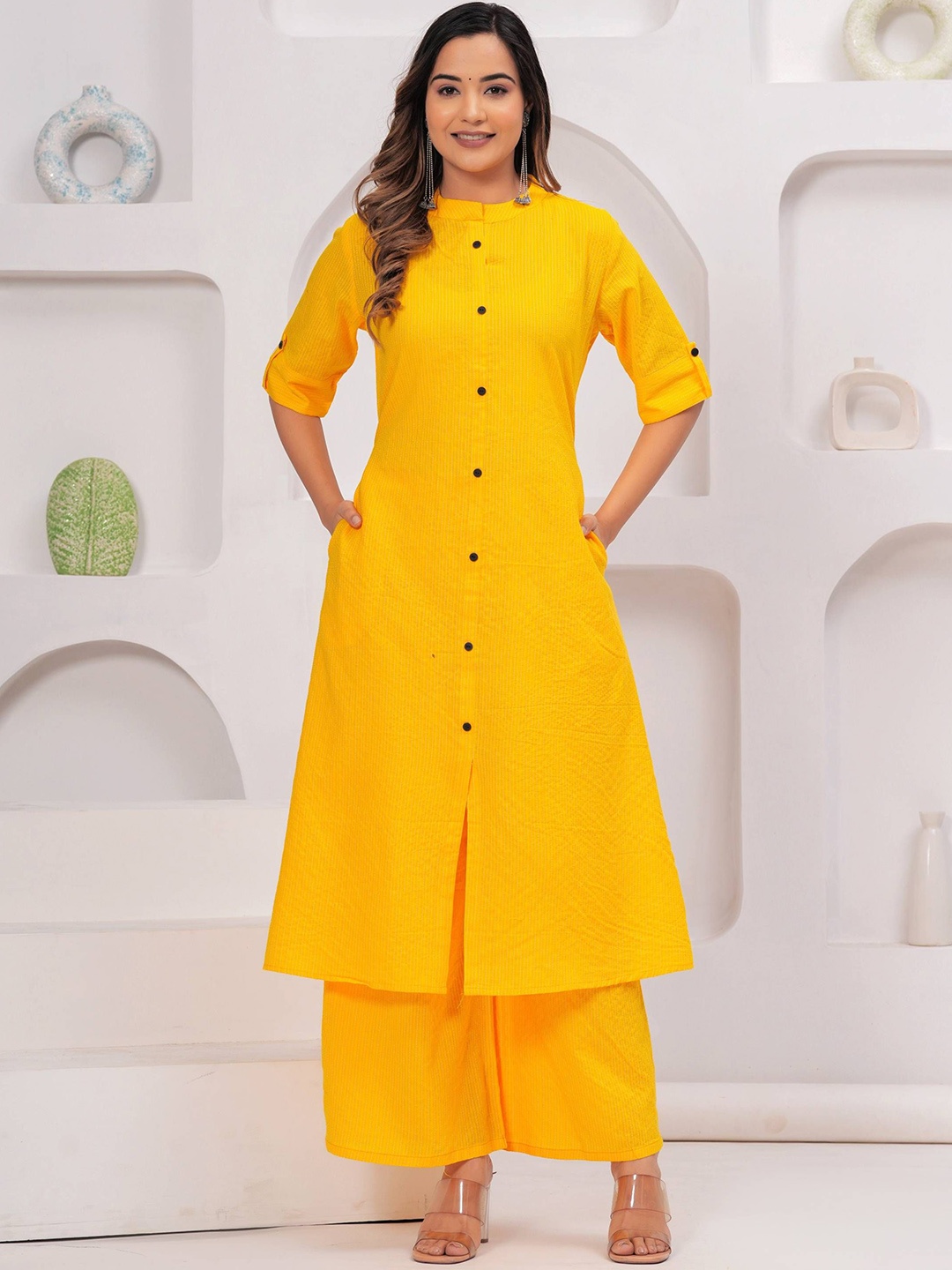 

Angvarnika Striped Mandarin Collar Roll-Up Sleeves Pure Cotton A-Line Kurta With Palazzos, Yellow