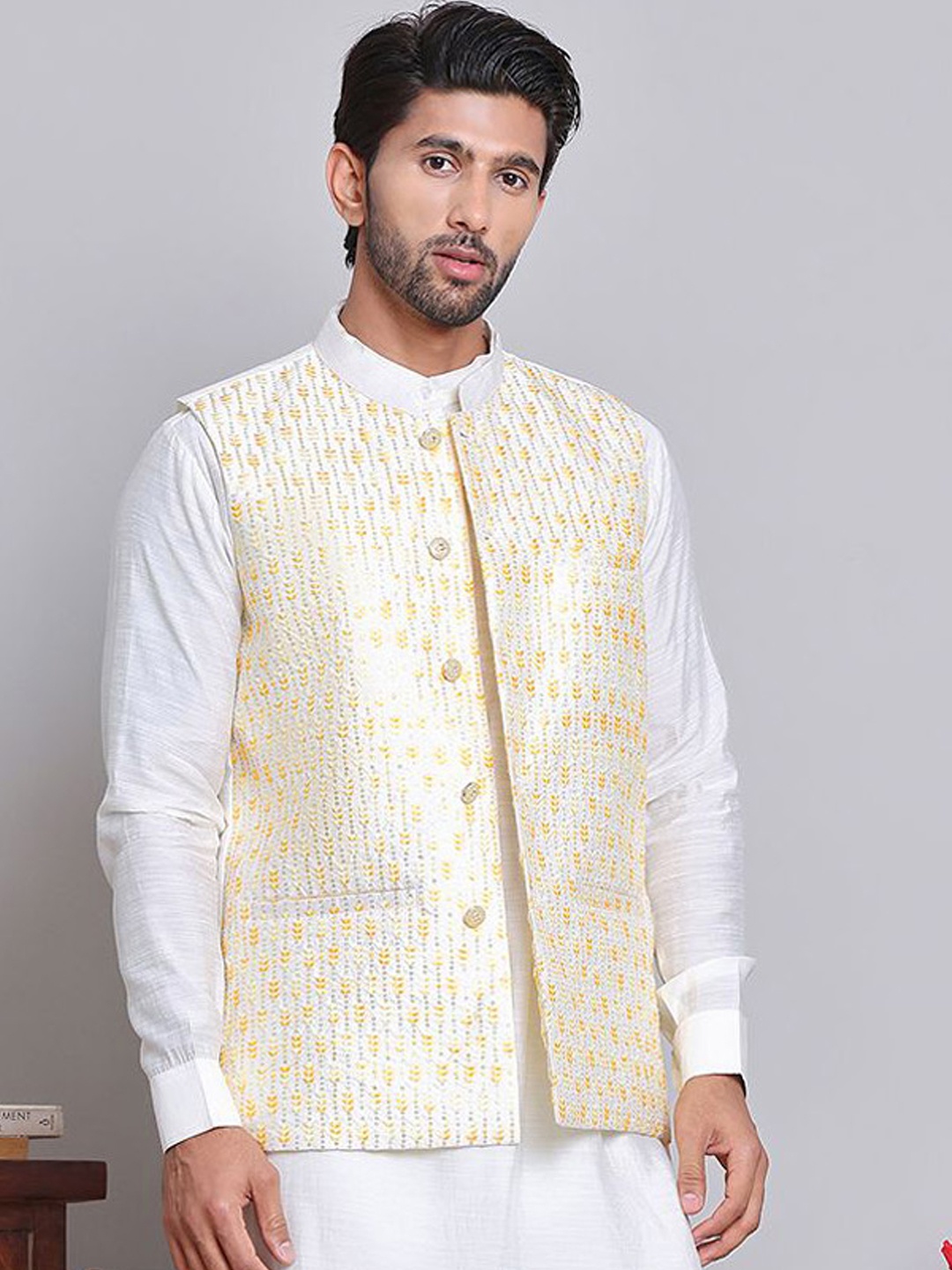 

Jompers Men Embroidered Woven Nehru Jacket, Yellow