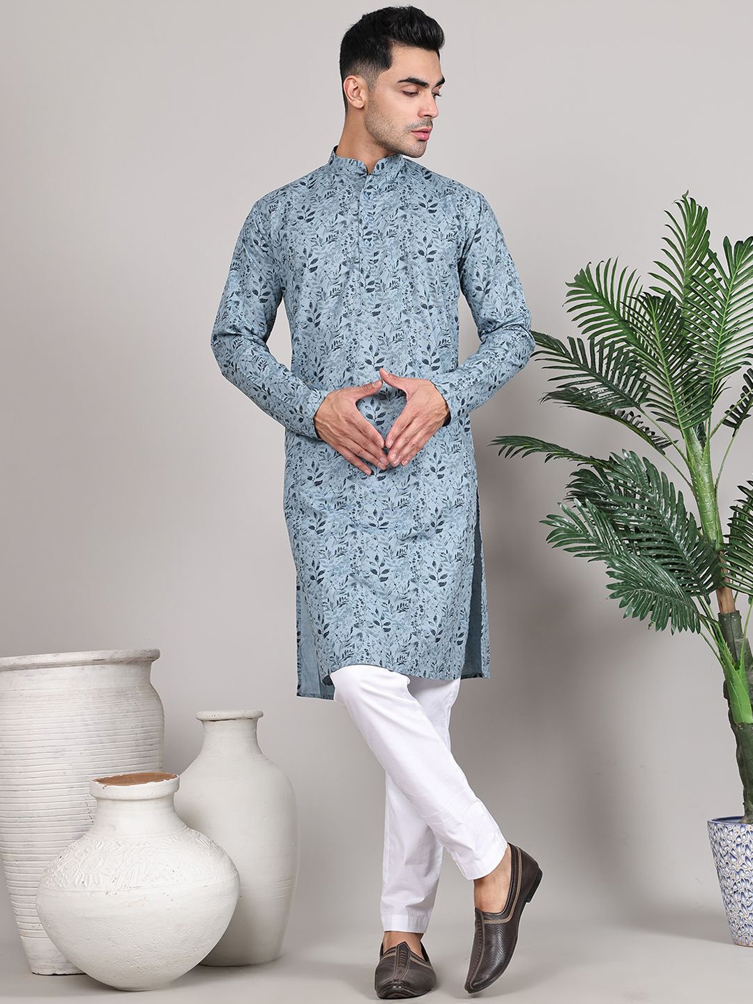 

Majestic Man Floral Printed Mandarin Collar Pure Cotton Straight Kurta, Grey