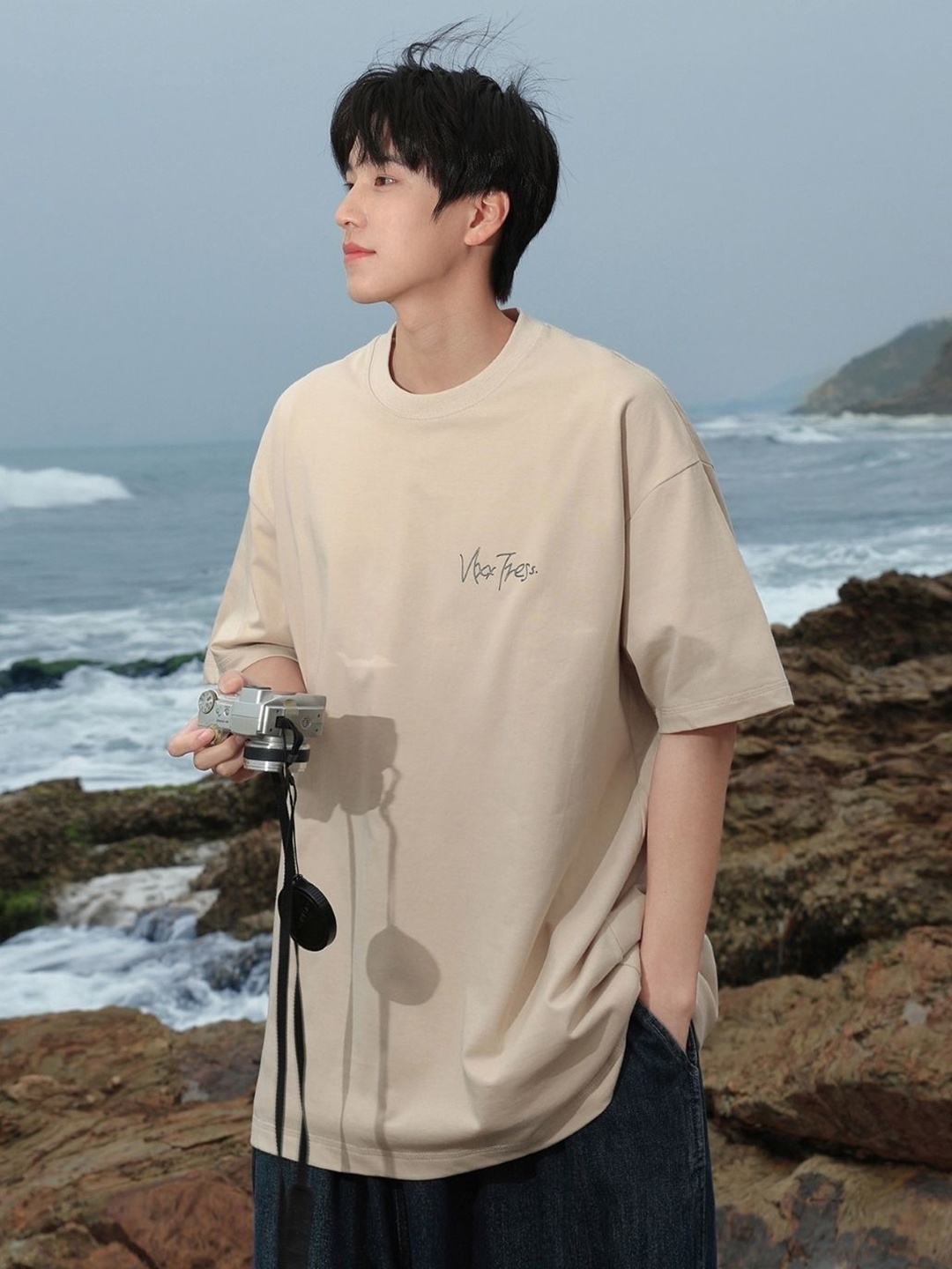 

HERE&NOW Men Typography Printed Round Neck Cotton Oversized T-shirt, Khaki