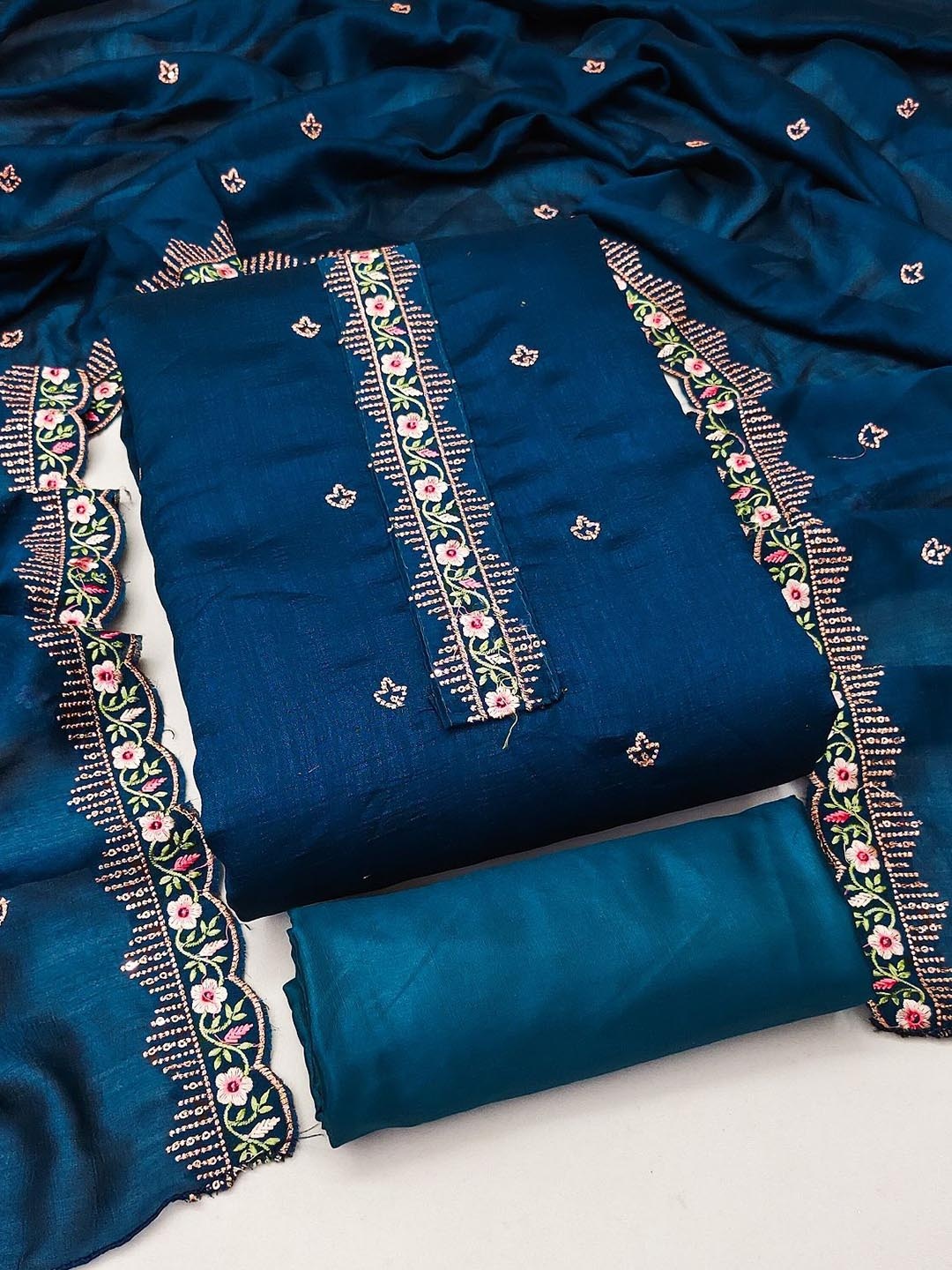 

APNISHA Floral Embroidered Pure Silk Unstitched Dress Material, Blue