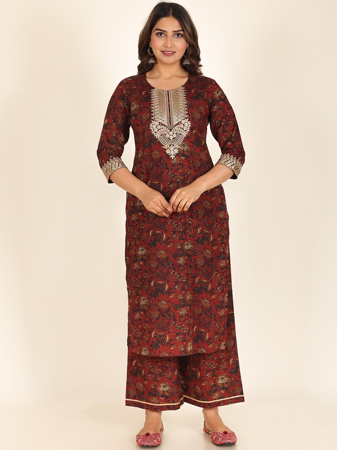 

Aramya Floral Printed Regular Pure Cotton Straight Kurta with Palazzos, Maroon