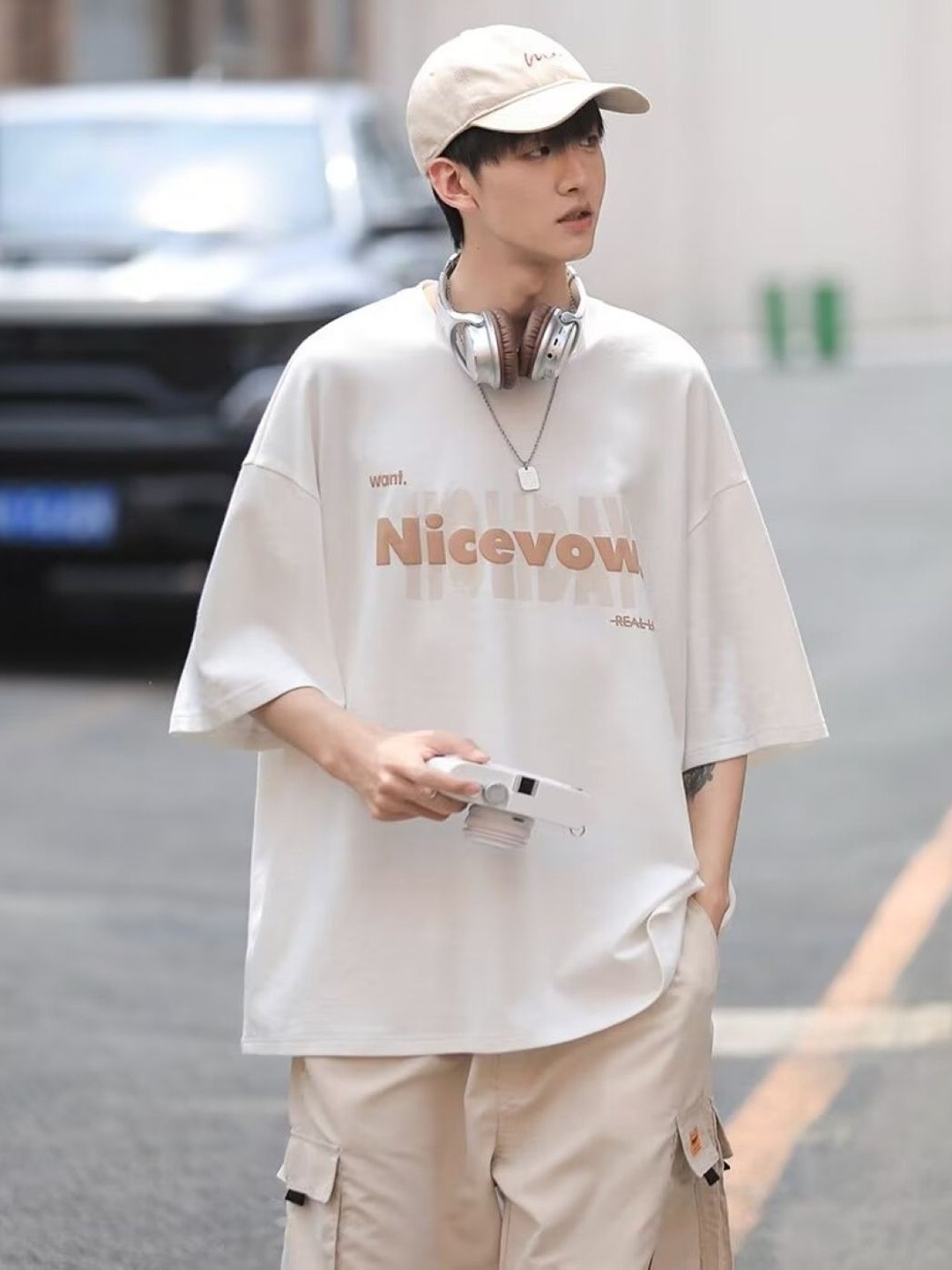 

HERE&NOW Men Typography Printed Round Neck Cotton Oversized T-shirt, White