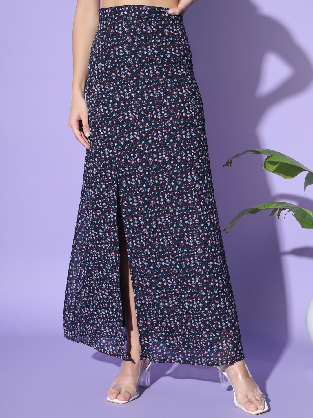 

BAESD Women Floral Printed Side Slit A-Line Maxi Skirt, Navy blue