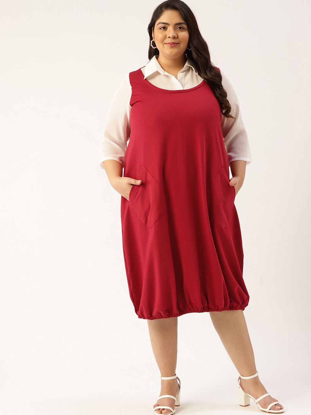 

theRebelinme Women Colourblocked Plus Size Balloon Midi Dress, Maroon