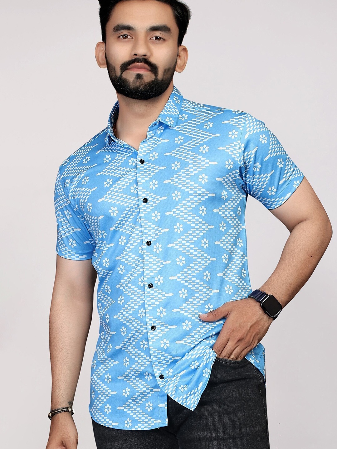 

STI Men Classic Spread Collar Ethnic Motifs Printed Casual Shirt, Blue