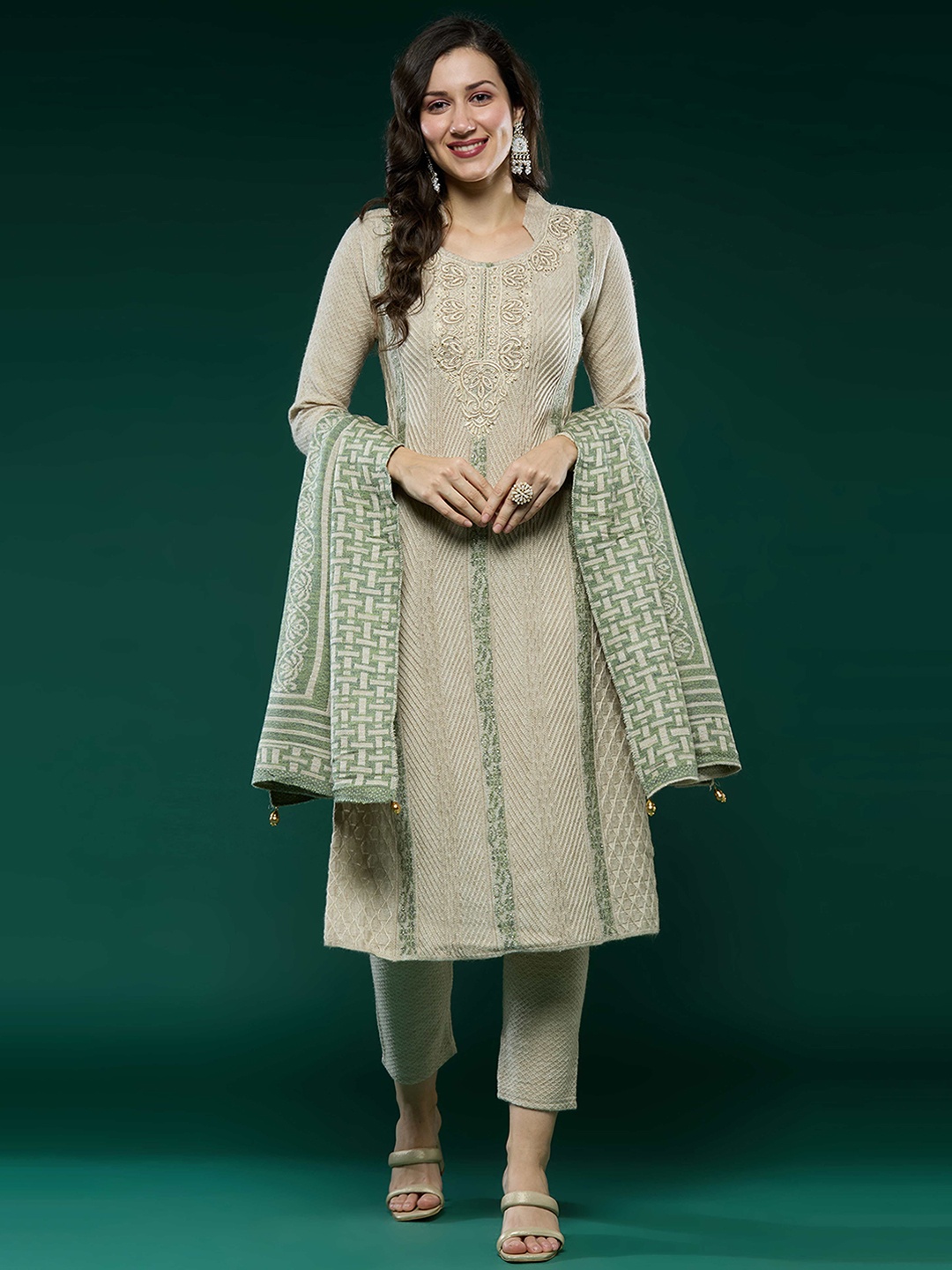 

Peachmode Beads and Stones Pure Wool Kurta with Trouser & Dupatta, Beige