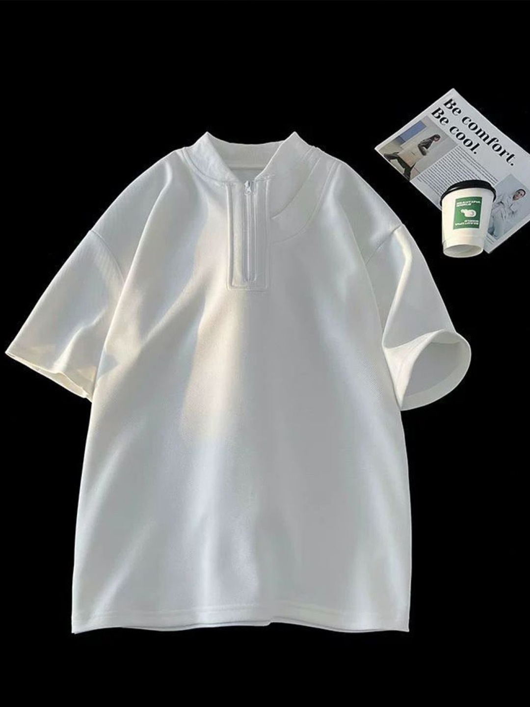 

HERE&NOW Men Solid Mandarin Collar Oversized T-shirt, White