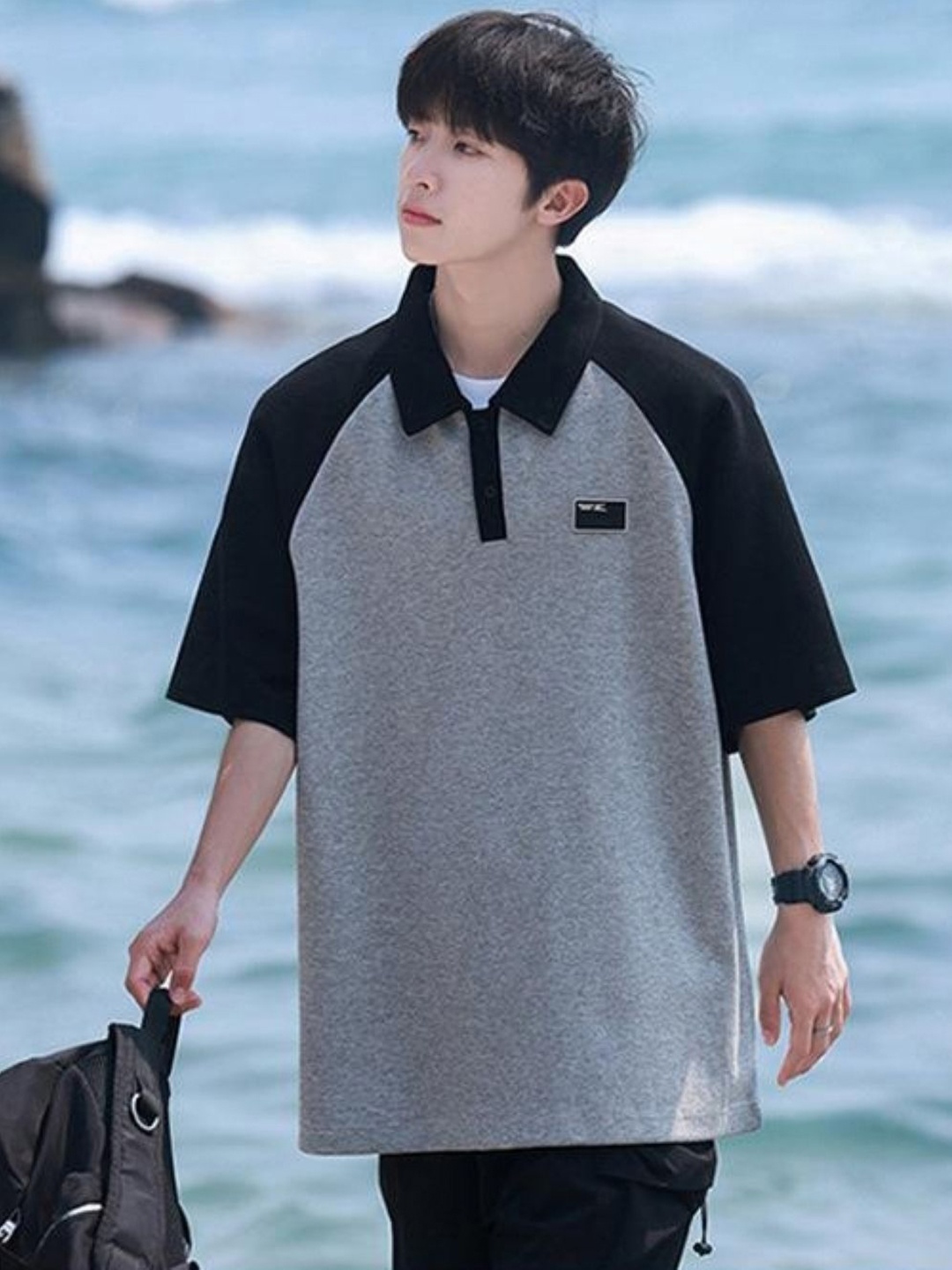 

HERE&NOW Men Colourblocked Polo Collar Oversized T-shirt, Grey
