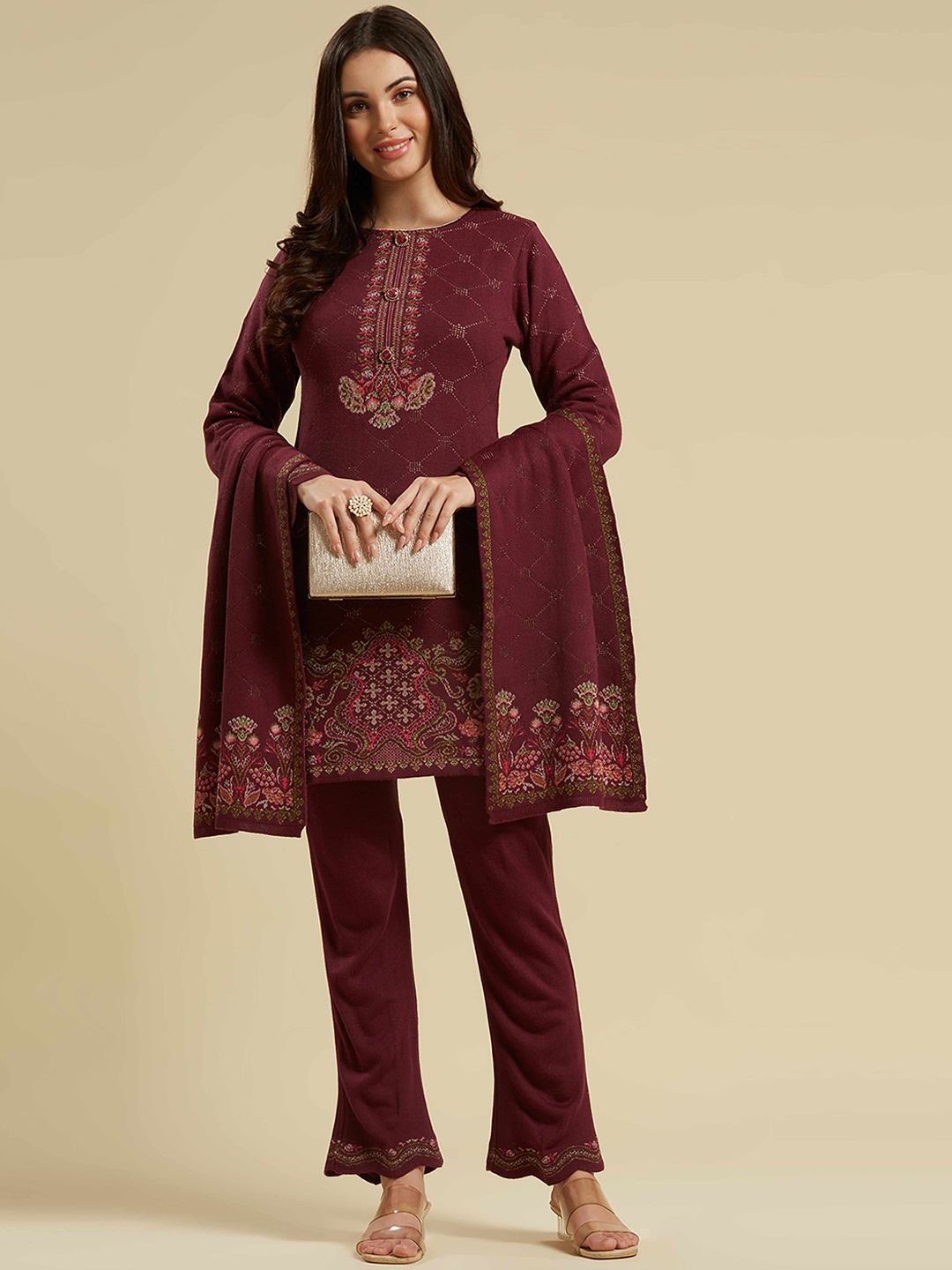 

Peachmode Floral Thread Work Pure Wool Kurti with Trouser & Dupatta, Maroon