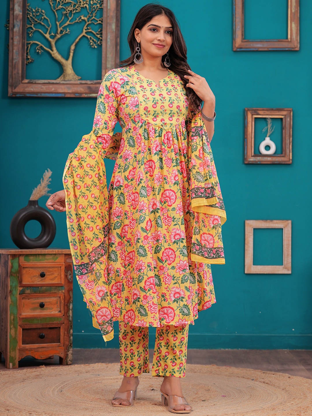 

Meeranshi Floral Printed Angrakha Pure Cotton Kurta with Trousers & Dupatta, Yellow