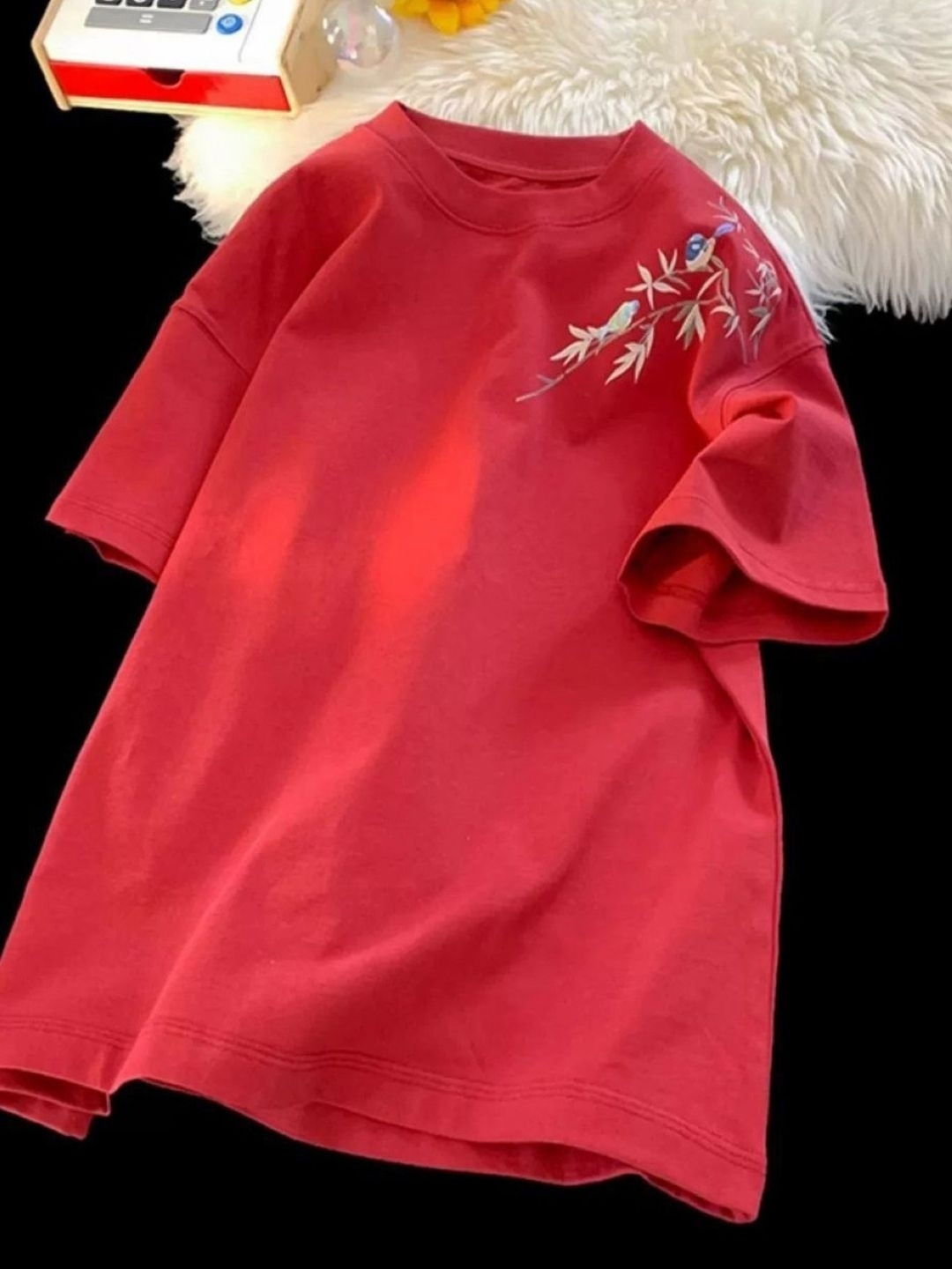 

HERE&NOW Men Floral Printed Round Neck Cotton Oversized T-shirt, Red