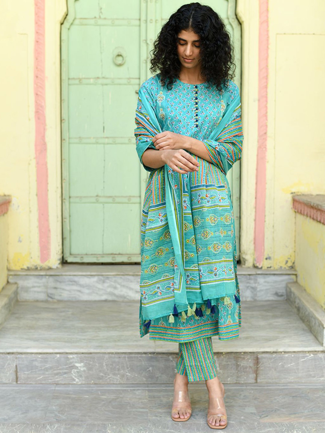 

Rangeelo Floral Printed Pure Cotton Straight Kurta With Trousers & Dupatta, Green