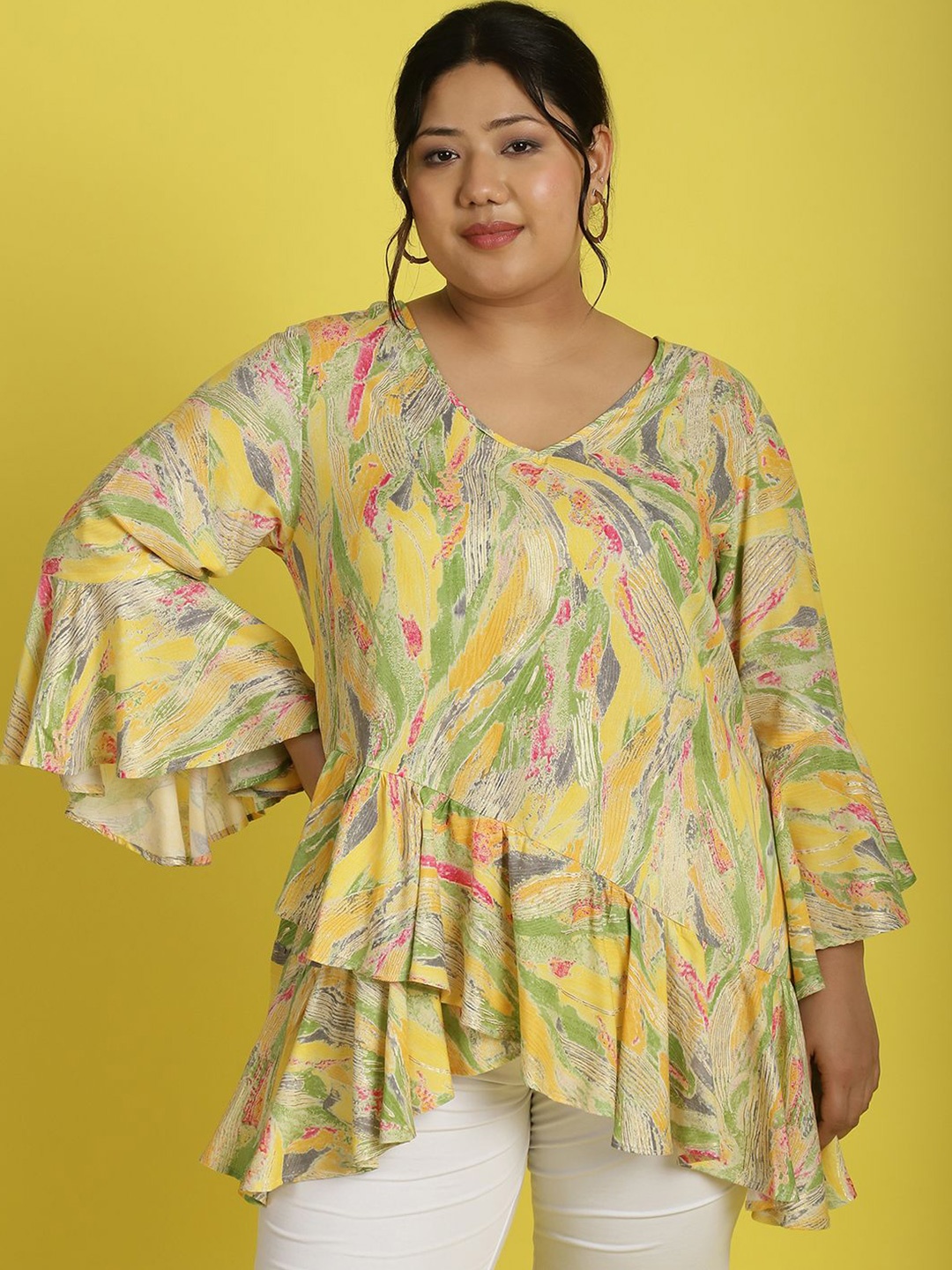 

theRebelinme Women Plus Size Printed Bell Sleeves Ruffles A-Line Top, Yellow