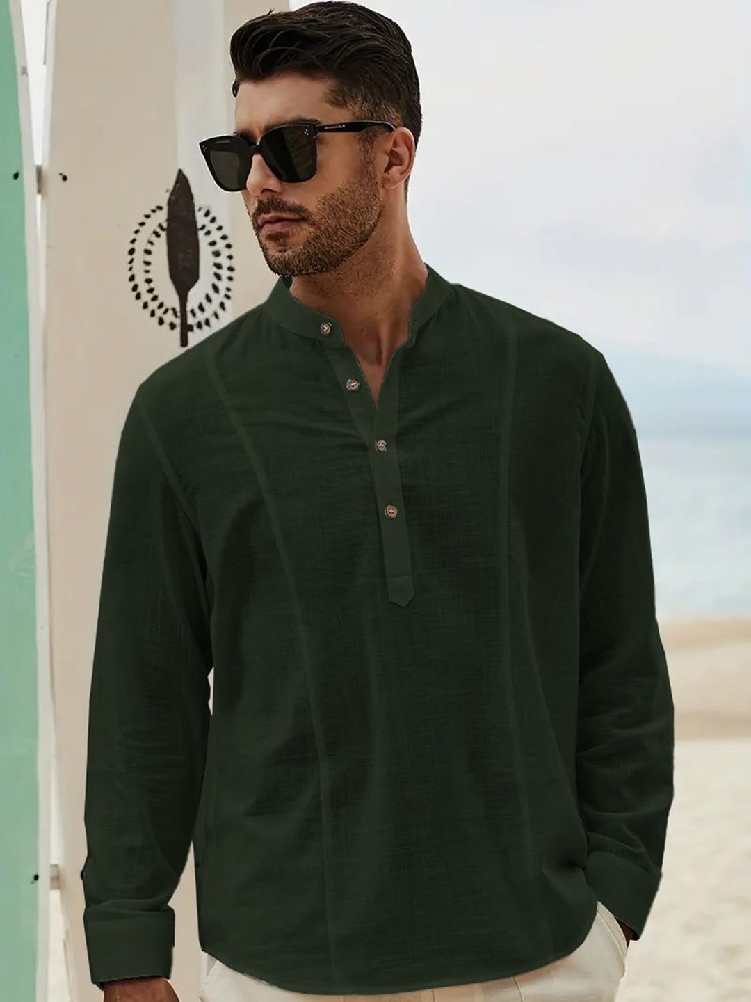 

Anouk Green Mandarin Collar Pure Cotton Straight Kurta