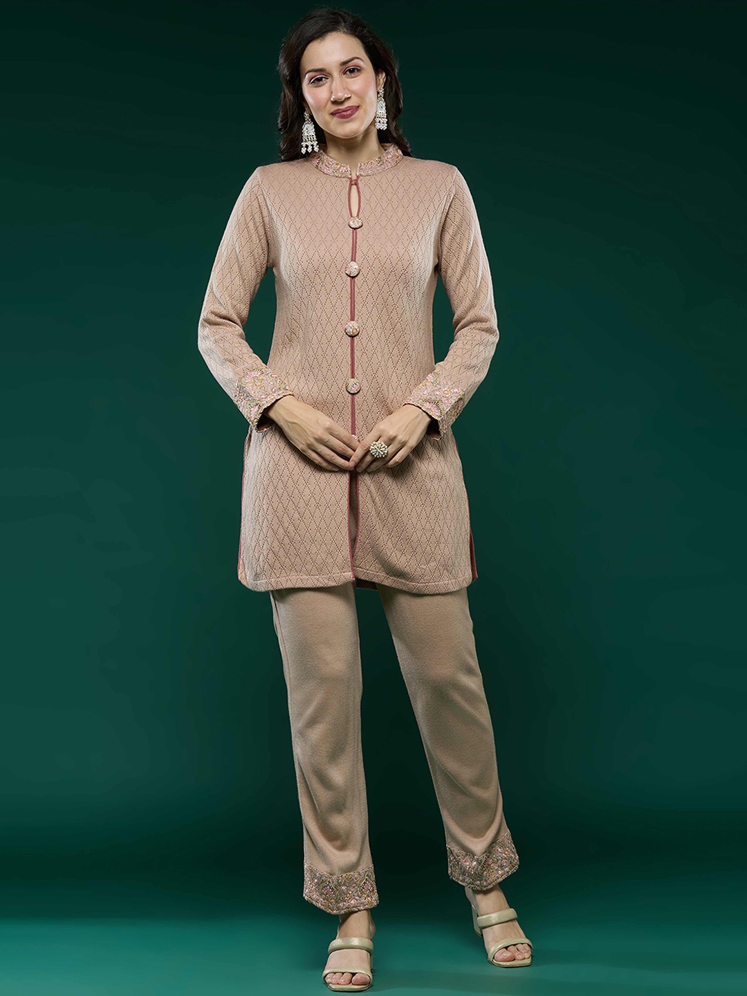 

Peachmode Geometric Woven Design Thread Work Pure Wool Kurta with Trousers, Peach