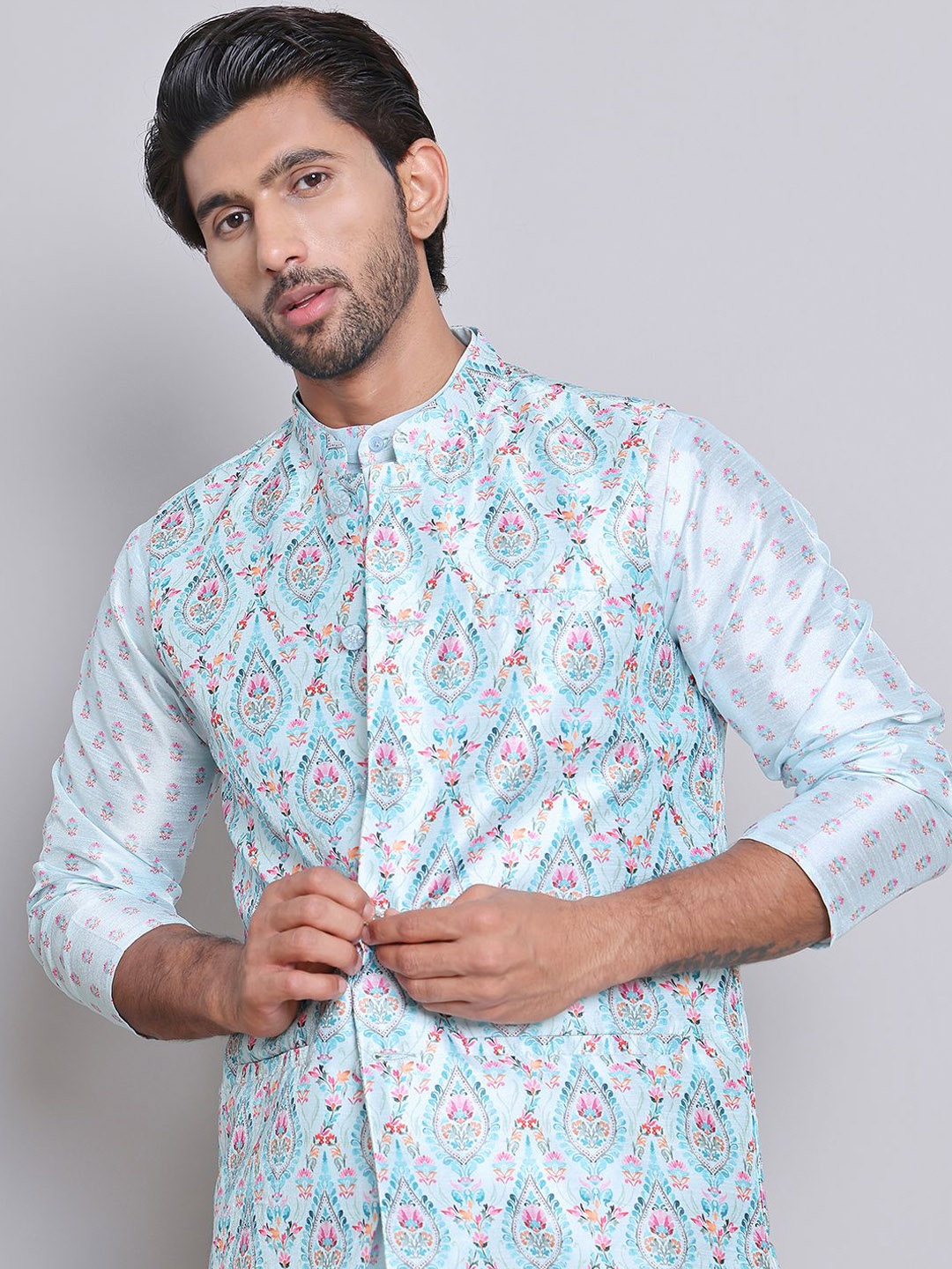 

Jompers Men Digital Printed Woven Nehru Jacket, Turquoise blue