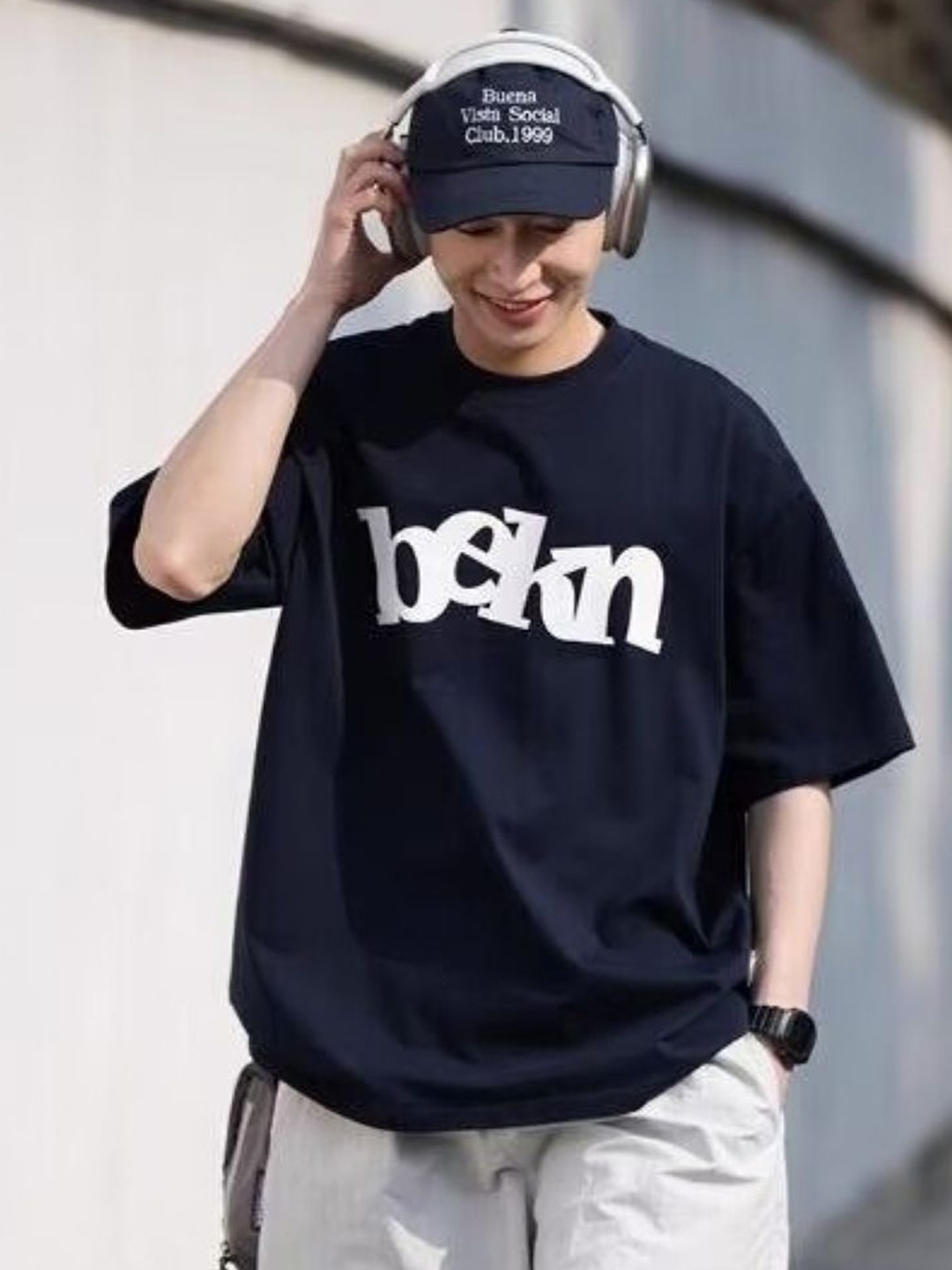 

HERE&NOW Men Typography Printed Round Neck Cotton Oversized T-shirt, Navy blue