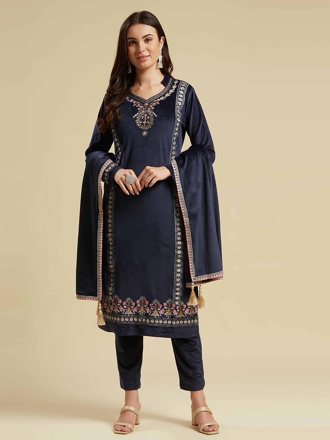 

Peachmode Floral Embroidered Thread Work Velvet Kurta with Trouser & Dupatta, Navy blue