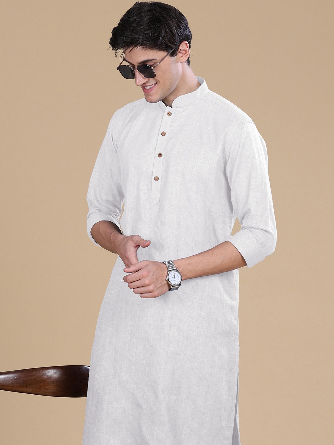 

Anouk Striped Thread Work Cotton Straight Kurta, White