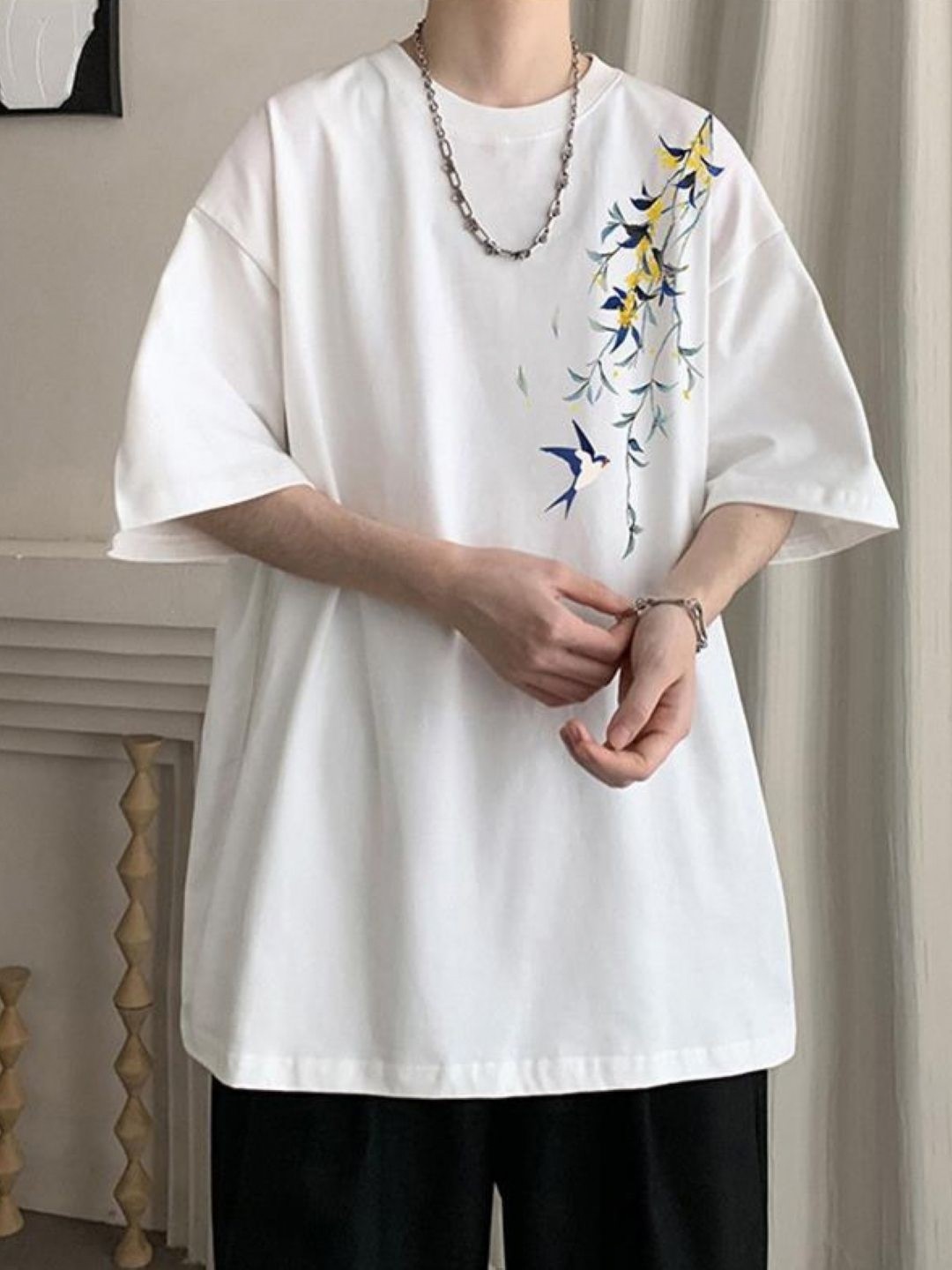 

HERE&NOW Men Floral Printed Round Neck Cotton Oversized T-shirt, White