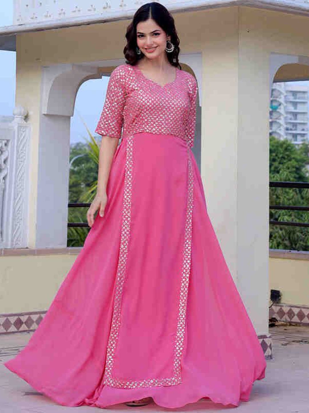 

Fashion Basket Women Embroidered Flared Sleeves Sequinned Georgette Kurta, Pink