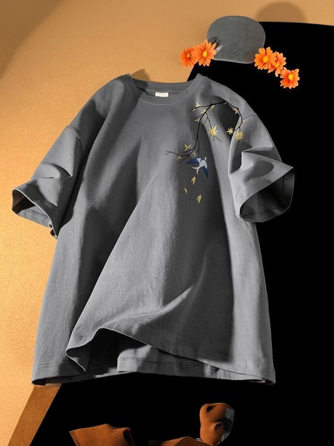 

HERE&NOW Men Floral Printed Round Neck Cotton Oversized T-shirt, Grey